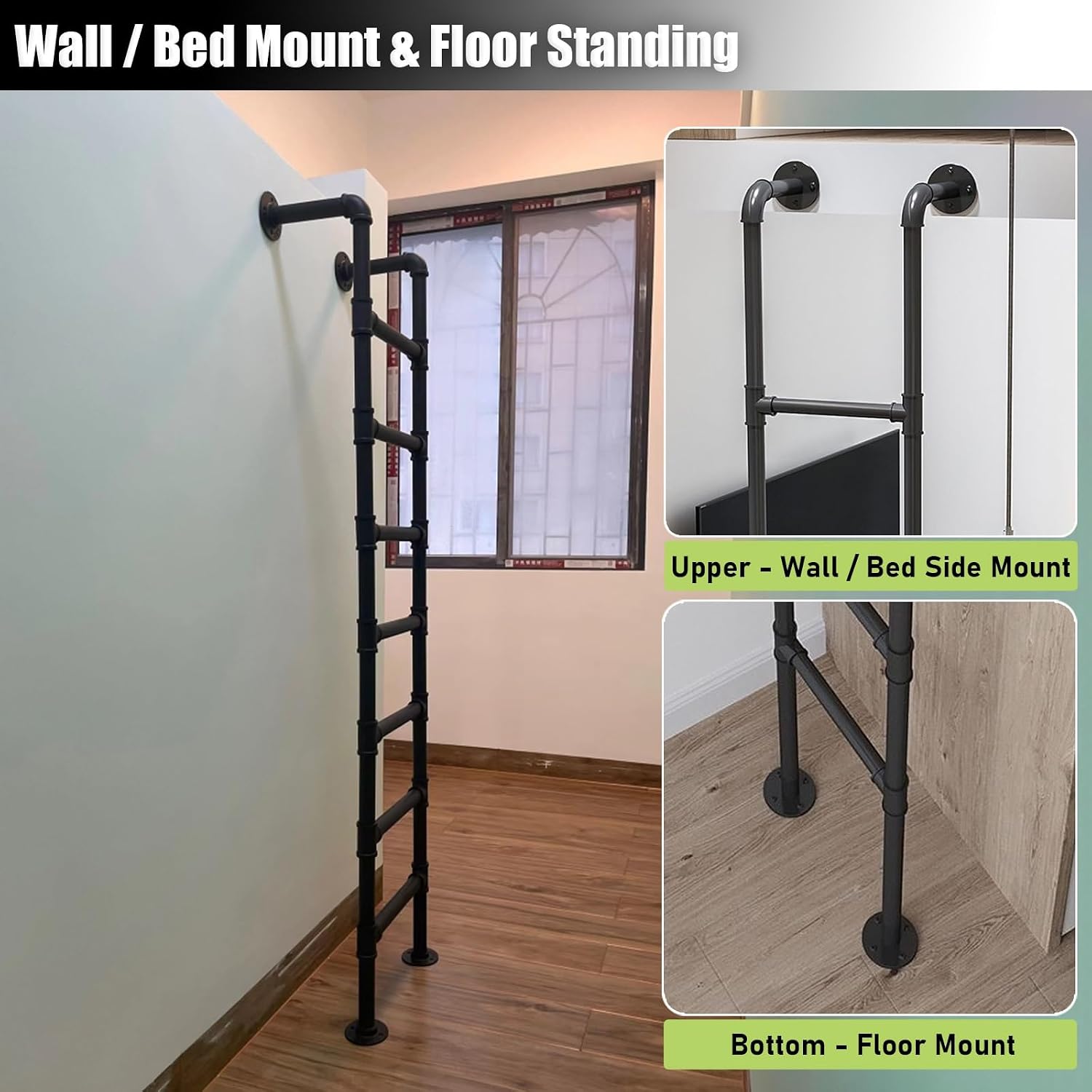 Heavy Duty Wrought Iron Bunk Bed Ladder with Steps Padding and Mounting Hardware for Upper Bunk, Attic, or Garage Use