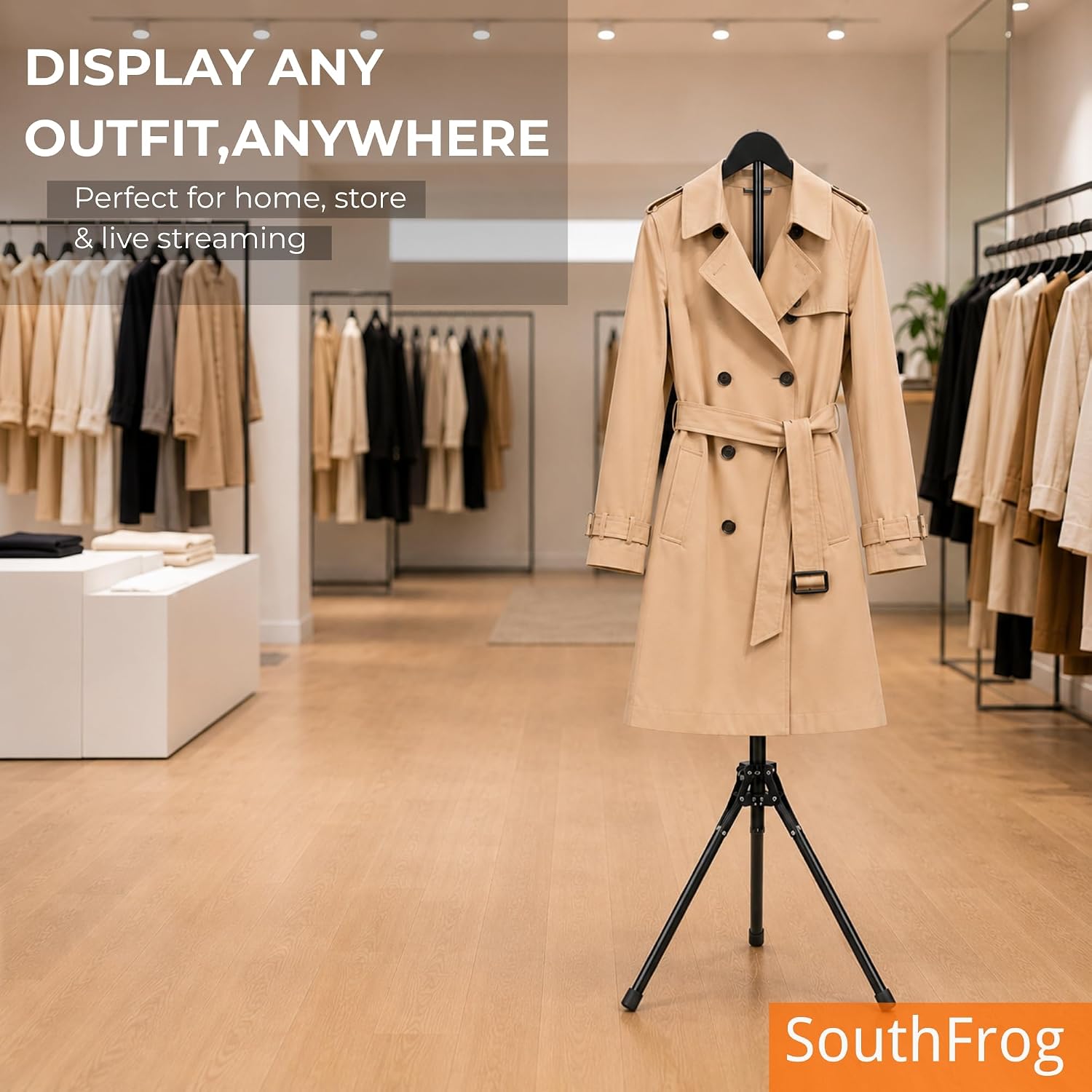 SouthFrog Adjustable Shirt Display Stand 31-63 Inch, Foldable Tripod Clothing Hanger Stand Portable Garment Rack for Vendors Display, T-Shirt, Dress, Jacket, Coat, Graduation Gown and Cap