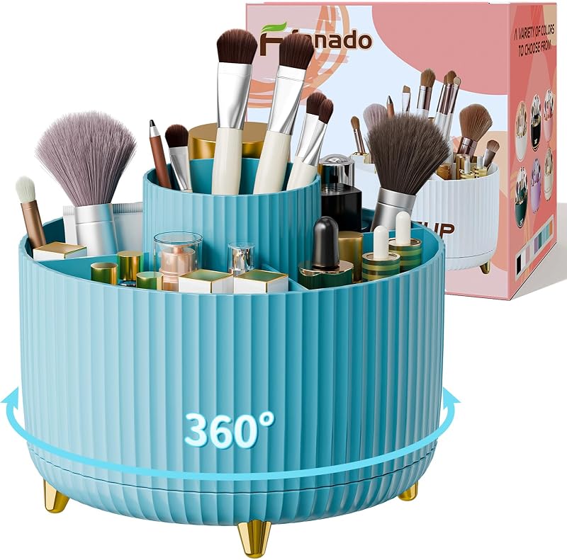 Organizador giratório 360° para pincéis e cosméticos fanado, azul, com 5 compartimentos e embalagem para presente