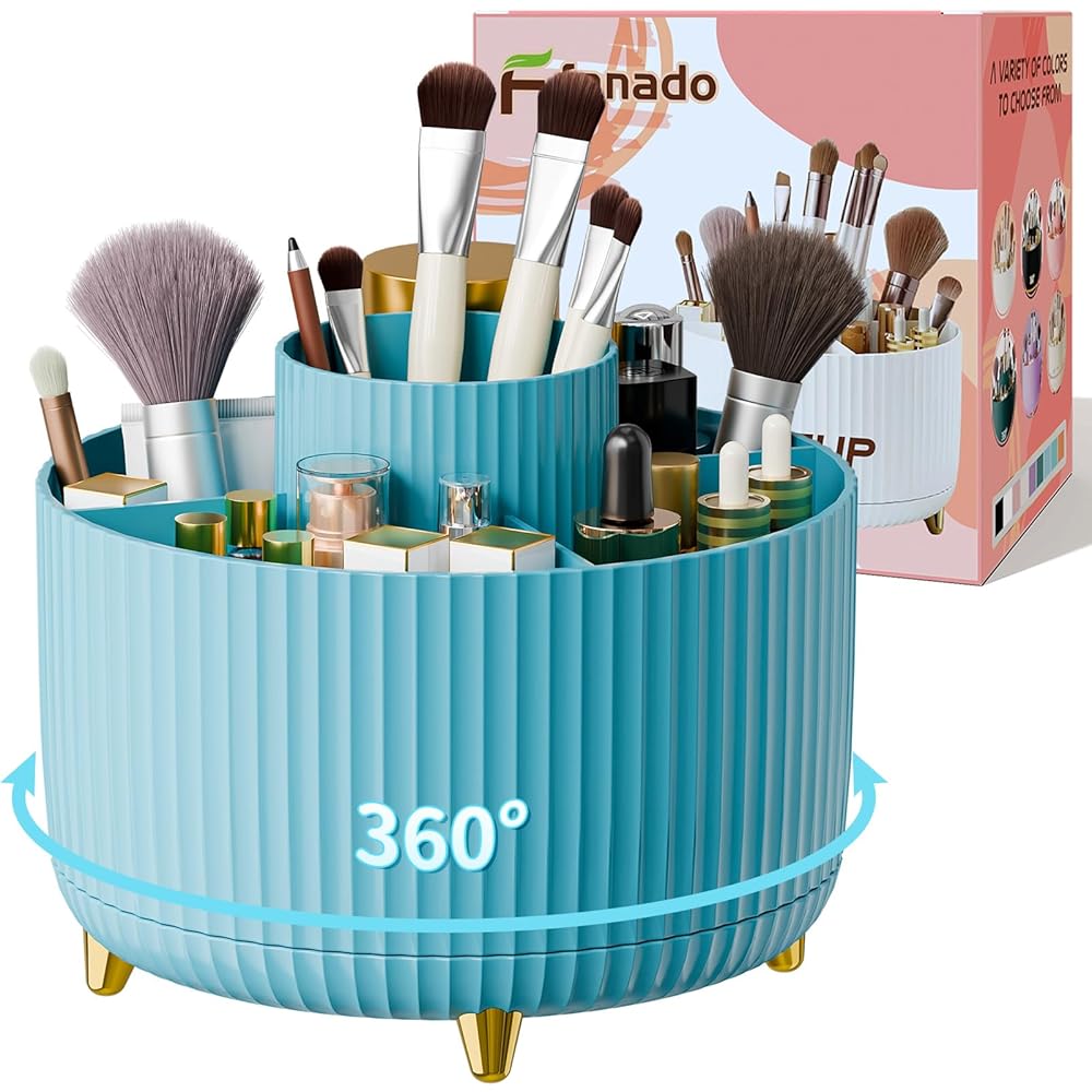 fanado 360 Rotate Makeup Brush Holder Organizer, Makeup Organizers Countertop, Makeup organization and Skincare Storage with Gift Box Packing for Vanity, Desktop, Bathroom (Blue)