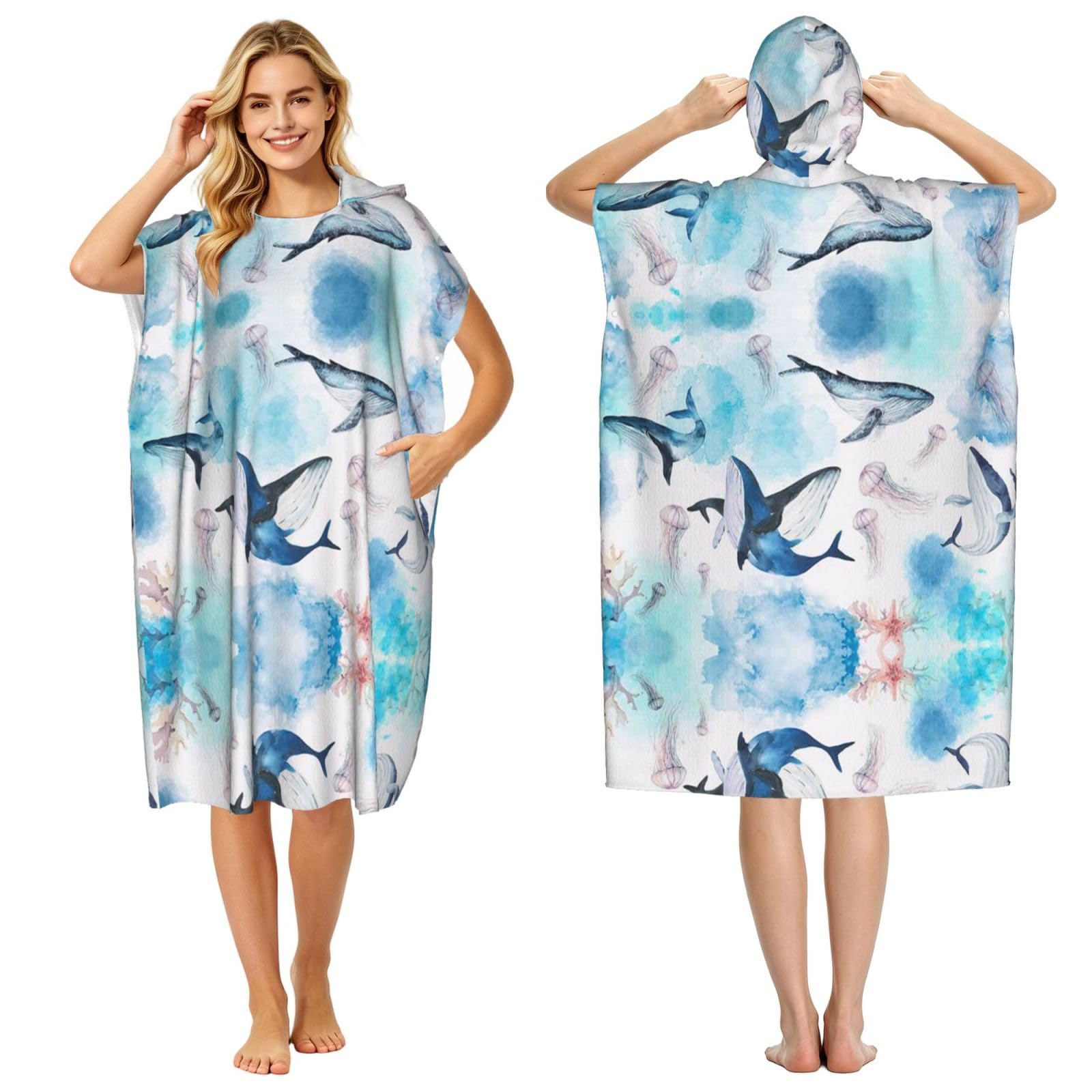 Peignoir à capuche imprimé baleine pour adulte, poncho de plage et piscine léger