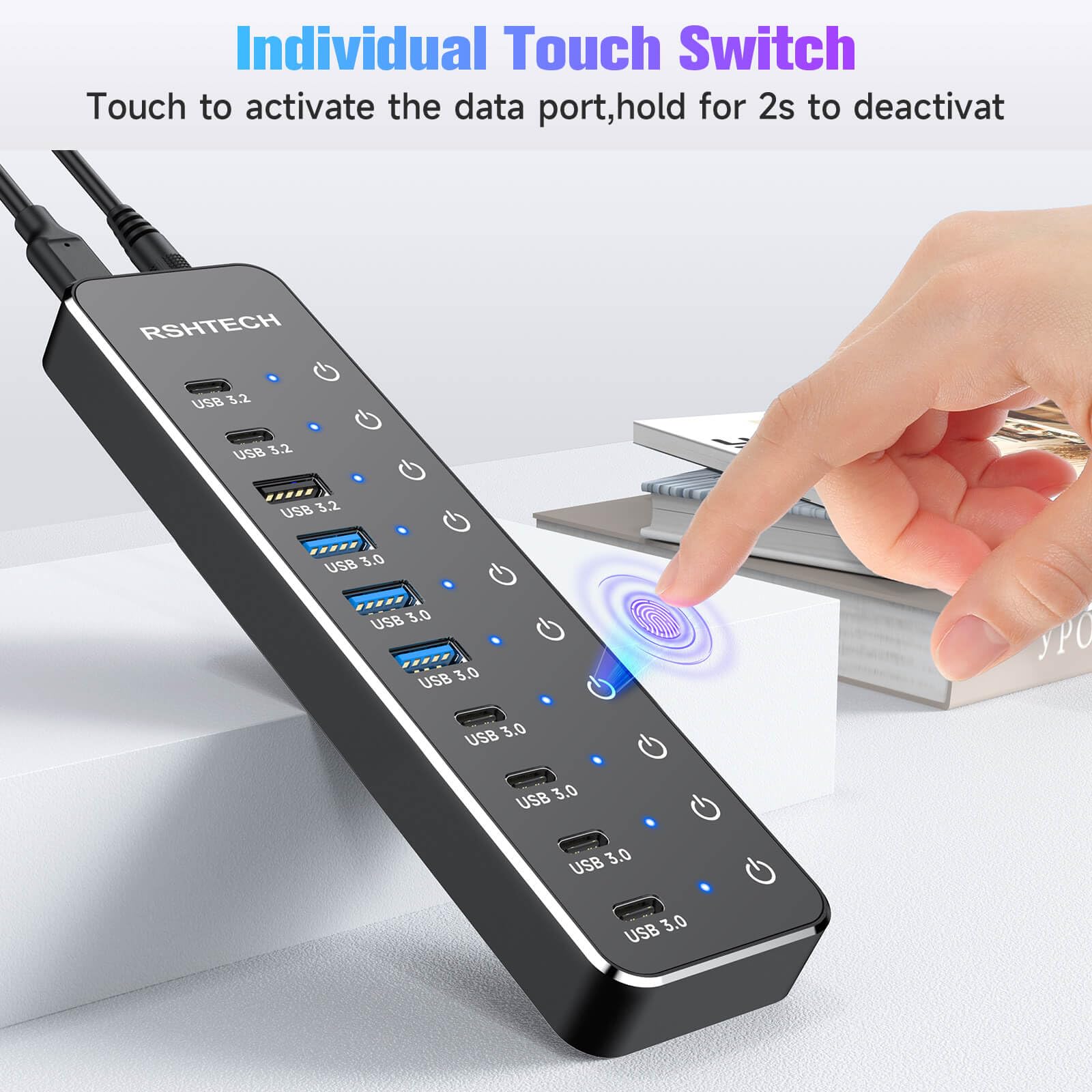 RSHTECH Hub répartiteur USB 3.2/USB C alimenté par 10 ports