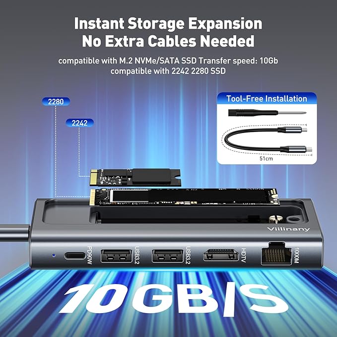 Hub USB C 6 en 1 con Gabinete M.2 NVMe SATA 10Gbps, 90W PD, HDMI 4K, Ethernet miniatura 3