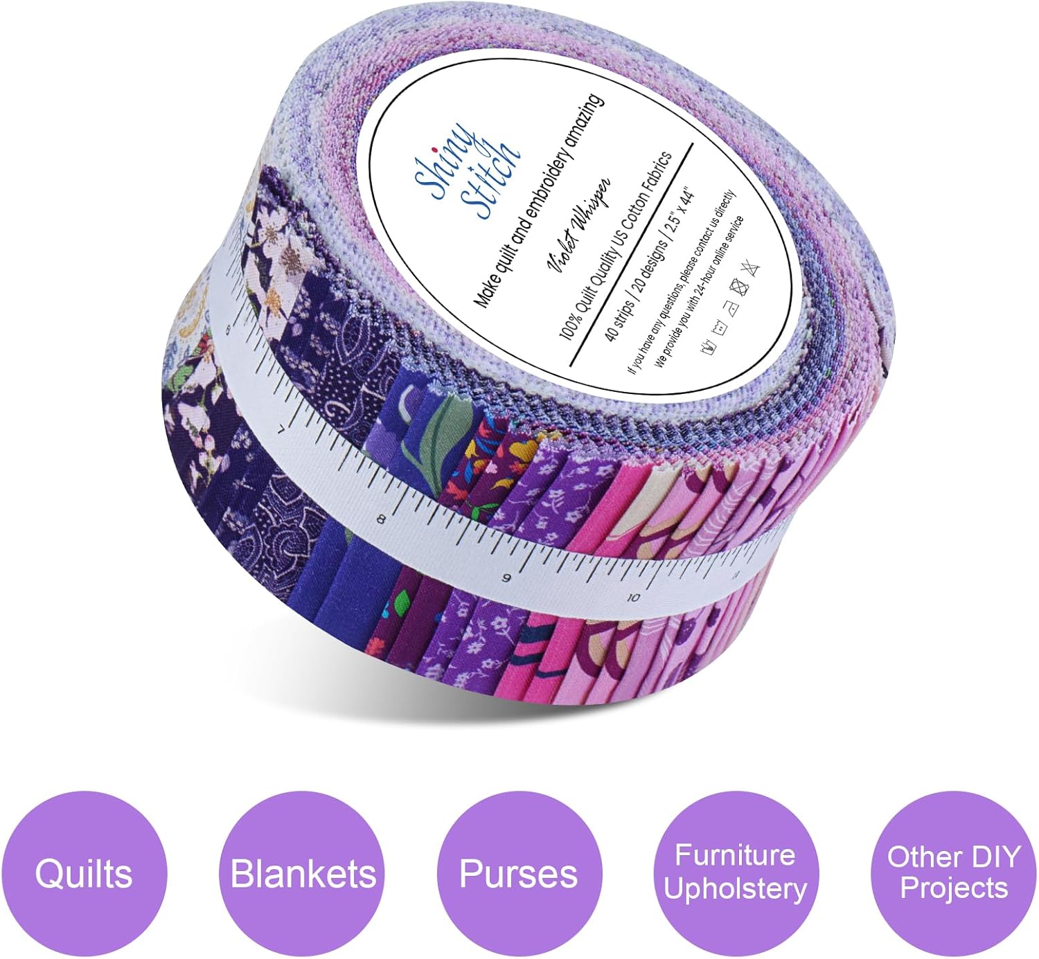 ShinyStitch-100% US Cotton Jelly Roll Fabric Precut Strips for Quilting, Crafting, and Sewing, Soft Cotton for Blanket, Upholstery, Home Decor,40 Strips 2.5" x 44" (Violet Whisper)