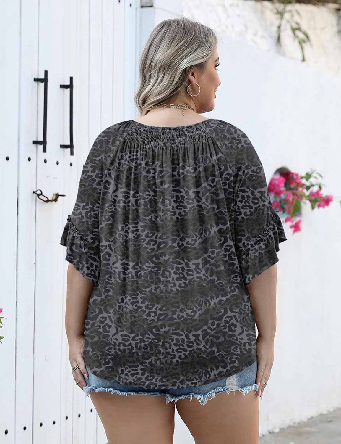 Micoson Womens Plus Size Tops 3/4 Ruffle Sleeve Shirts Crewneck Pleated Blouses Dressy Casual Fashion Tunic Top (1X-5X) - Image 2