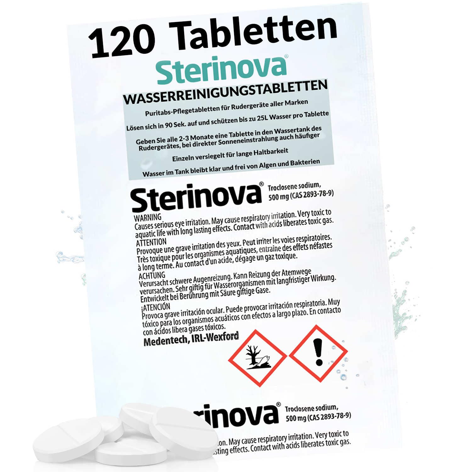 JB White Puritabs Sterinova 120x Wasser Rudergerät Tabletten gegen Algen, extra konzentriert, Chlortabletten zB geeignet für WaterRower, SportPlus, Skandika Wasserrudergerät (20 x 6)