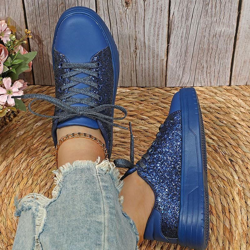 Women's Fashion Slip-on Skateboard SneakersGlitter Shoes Sparkly Bling Shiny Bedazzled Lace Up Fashion Sneakers for Women