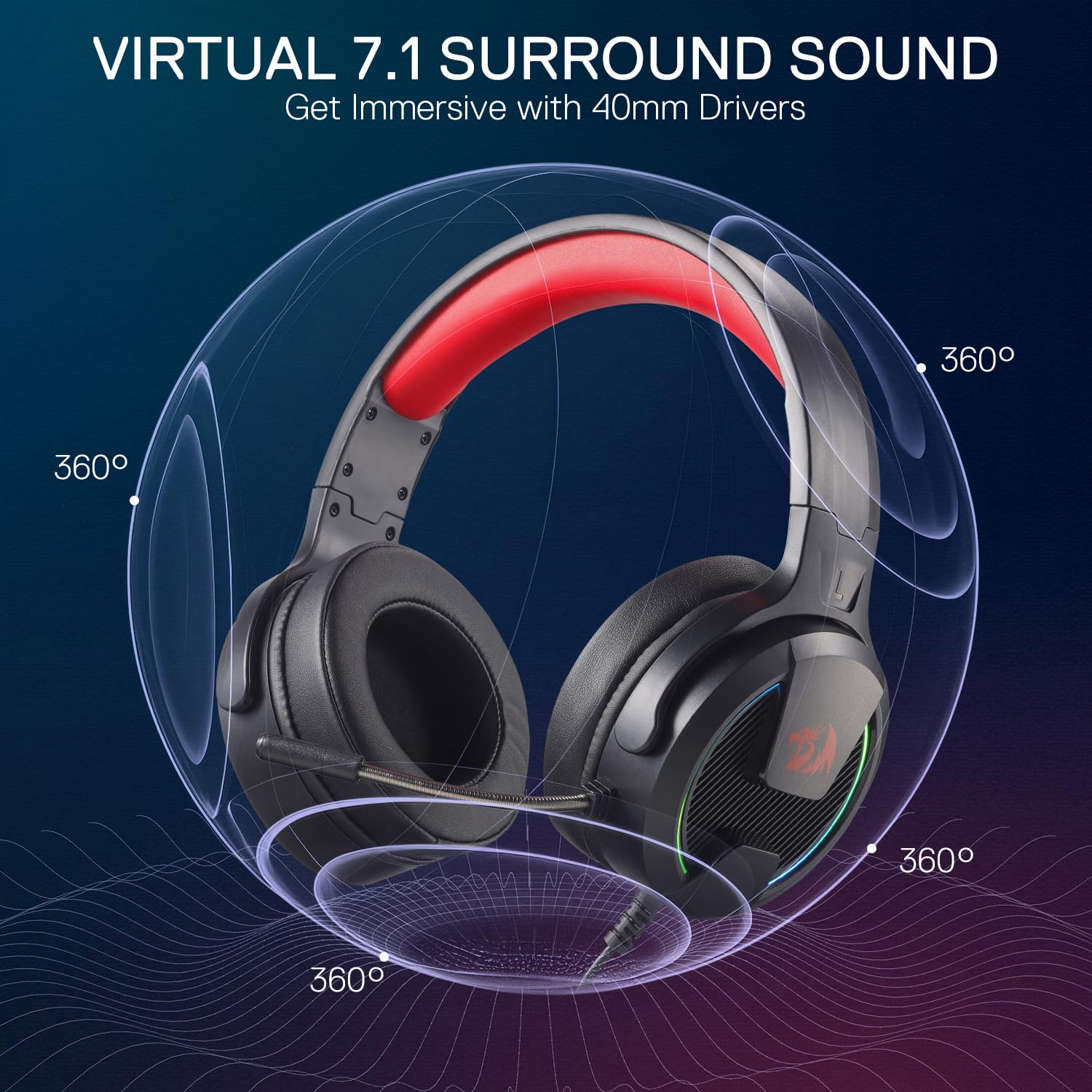 Redragon H315 RGB Casque de jeu – Casque d'ordinateur filaire avec pilotes de 40 mm, microphone antibruit, connexion USB, design léger et coussinets d'oreille en cuir synthétique souple pour un