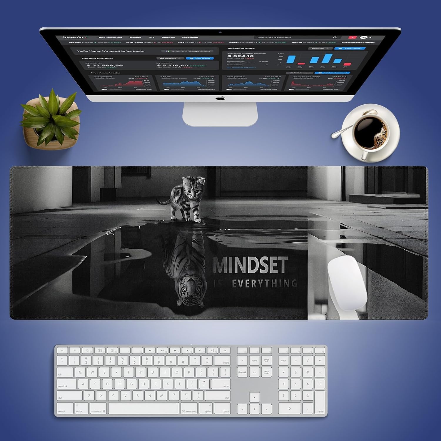 XXL Gaming Mouse Pad with Stitched Edges for Home & Office - Mindset is Everything Inspirational Quote & Cute Cat Funny Tiger Reflection, Smooth Fabric Surface Anti-Slip Base Large Desk Mat - Image 6