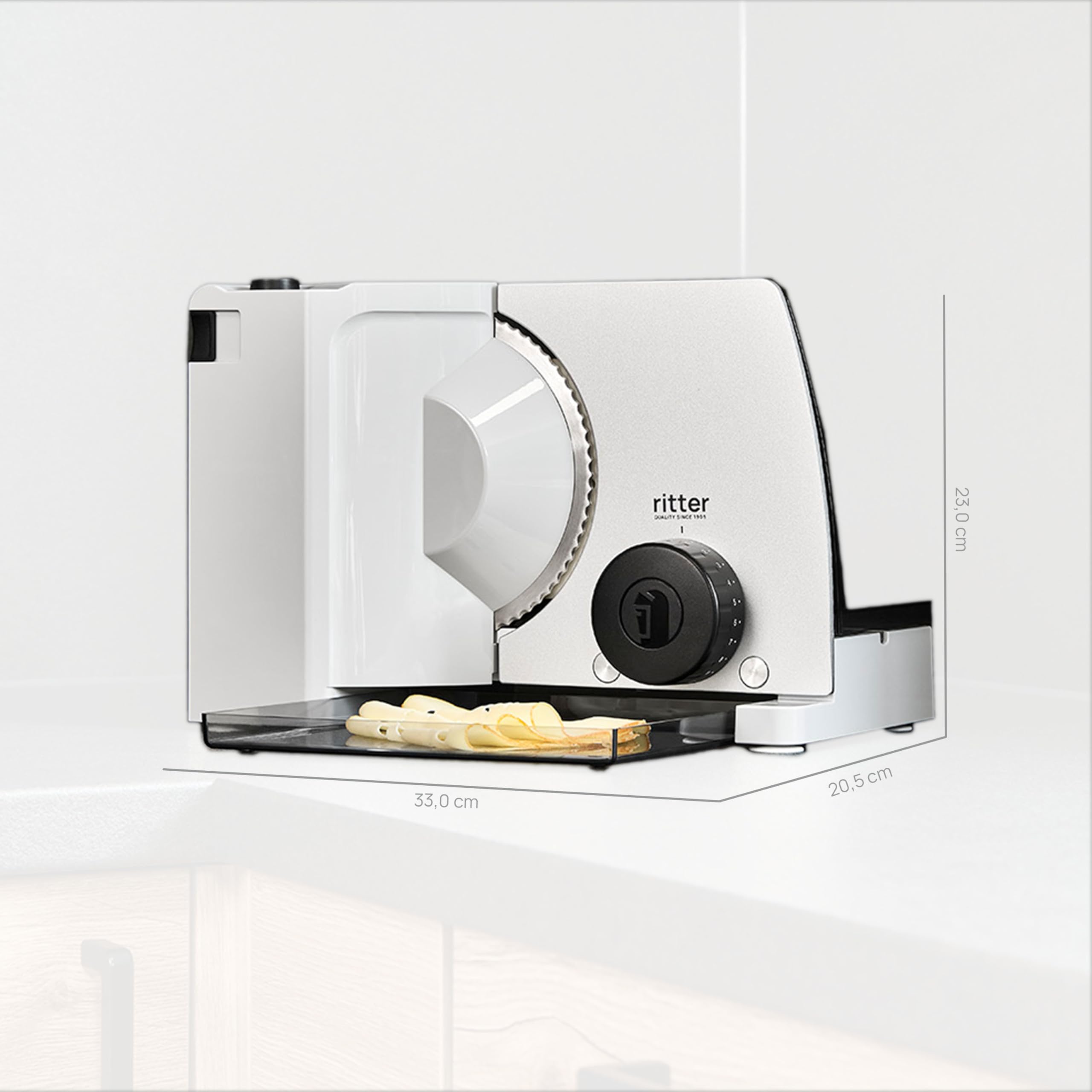 ritter compact 7 Affettatrice elettrica universale, metallo, lama dentata, spessore regolabile fino a 23 mm, per pane formaggio frutta verdura