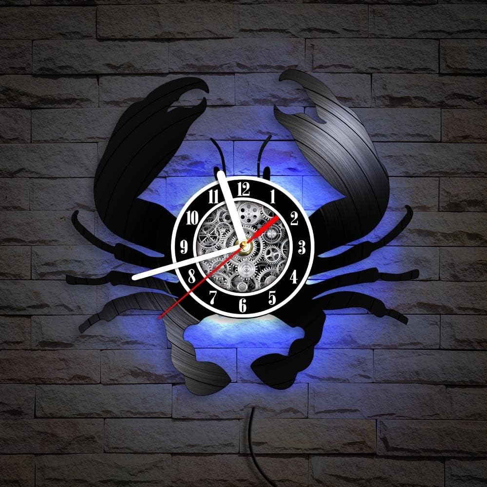 The Geeky Days Big Crab Vinyl Record LED Wall Clock 7 Color Light 12inch Silent Quartz Nautical Ocean Seafood Modern Carved LP Record Time Watch Aquarium Marine Museum Hanging Decor