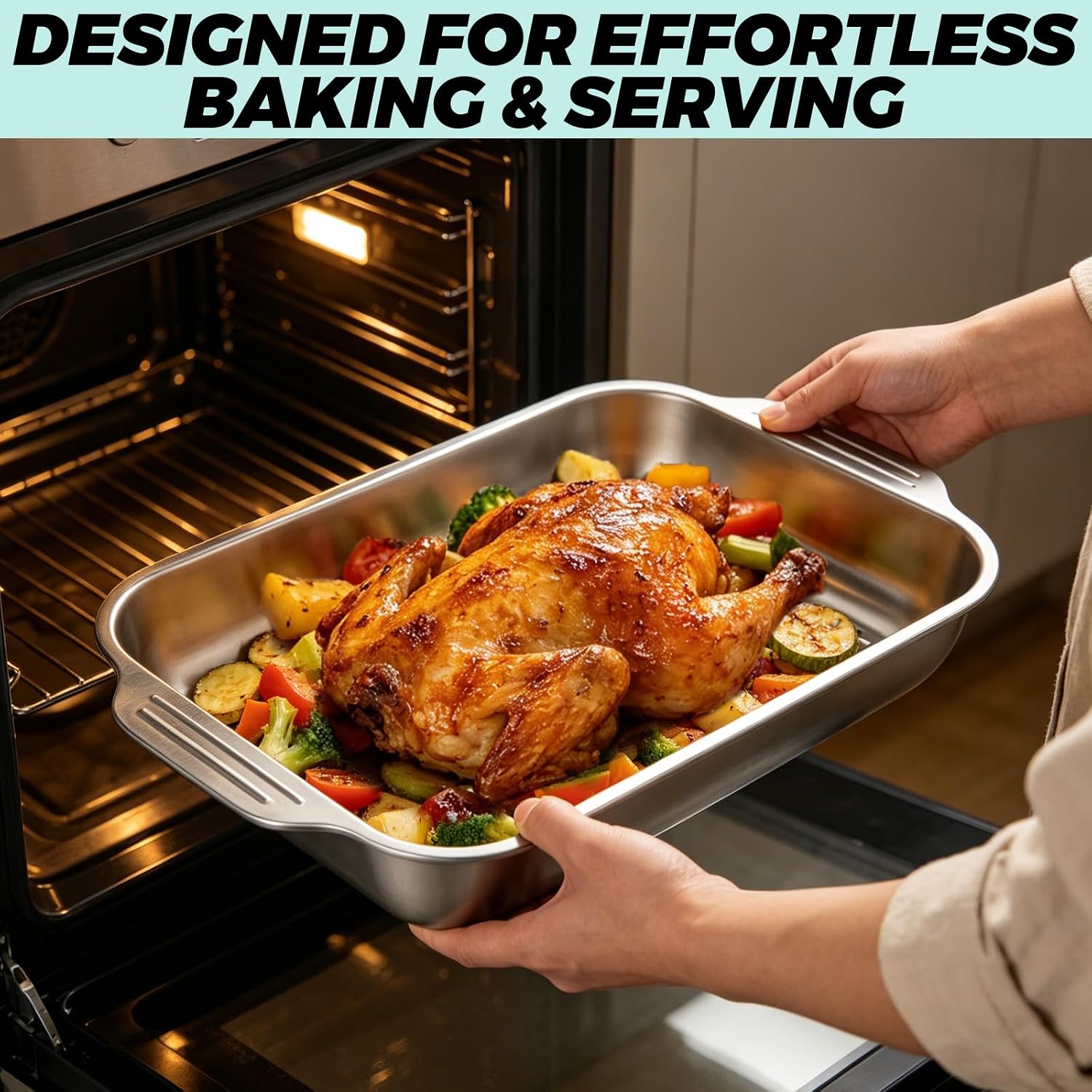QTLCOHD 2 Pcs Stainless Steel Baking Pans 9 x 13 Inch | Baking Pan with Handle Rectangular Cake Pan for Fish Cakes Breads Casseroles Vegetables Dishwasher Safe