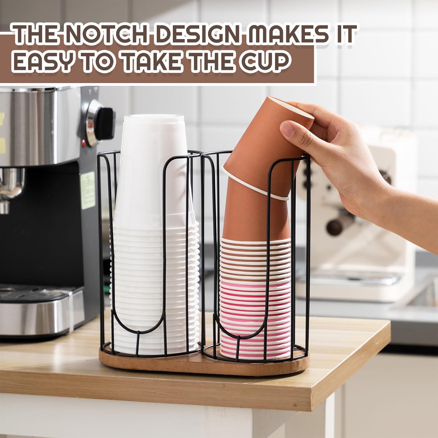 Geelin 18oz Adjustable Coffee Cup Dispenser, Cup Holder Organizer for Storing Paper Cups, Straws, Lids and Disposable Tableware(2-Compartment Single Layer,Black and Brown)