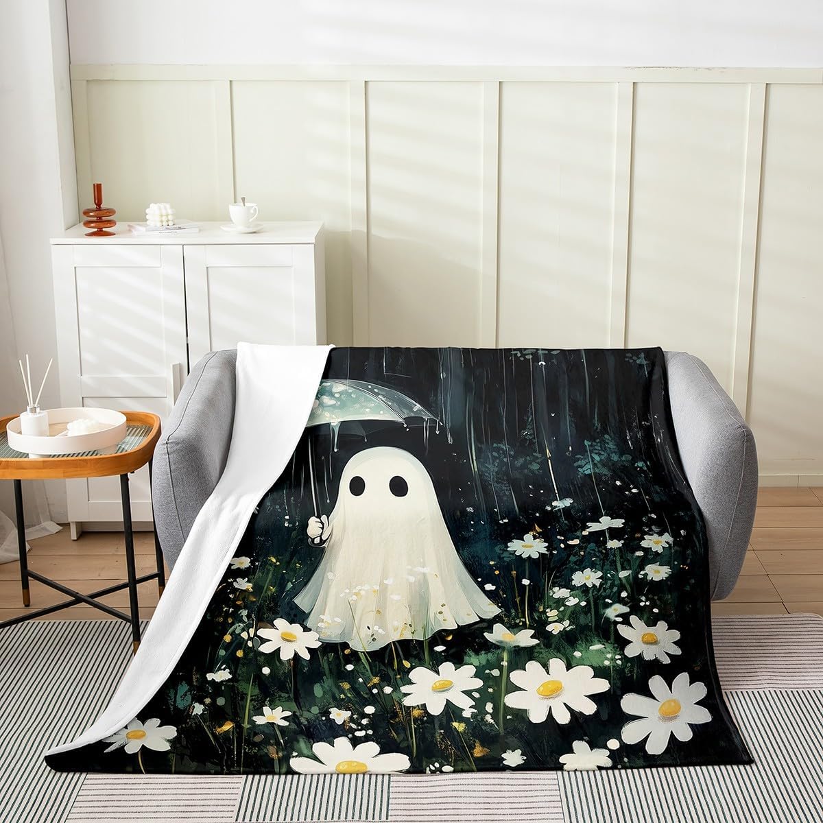 Cute Ghost Fleece Blanket,Rainy Night Umbrella Halloween Ghost Bed Blanket for Kids Teens,White Daisy Flowers Rustic Jungle Flannel Blanket for Room Decor,Queen 90"x90"