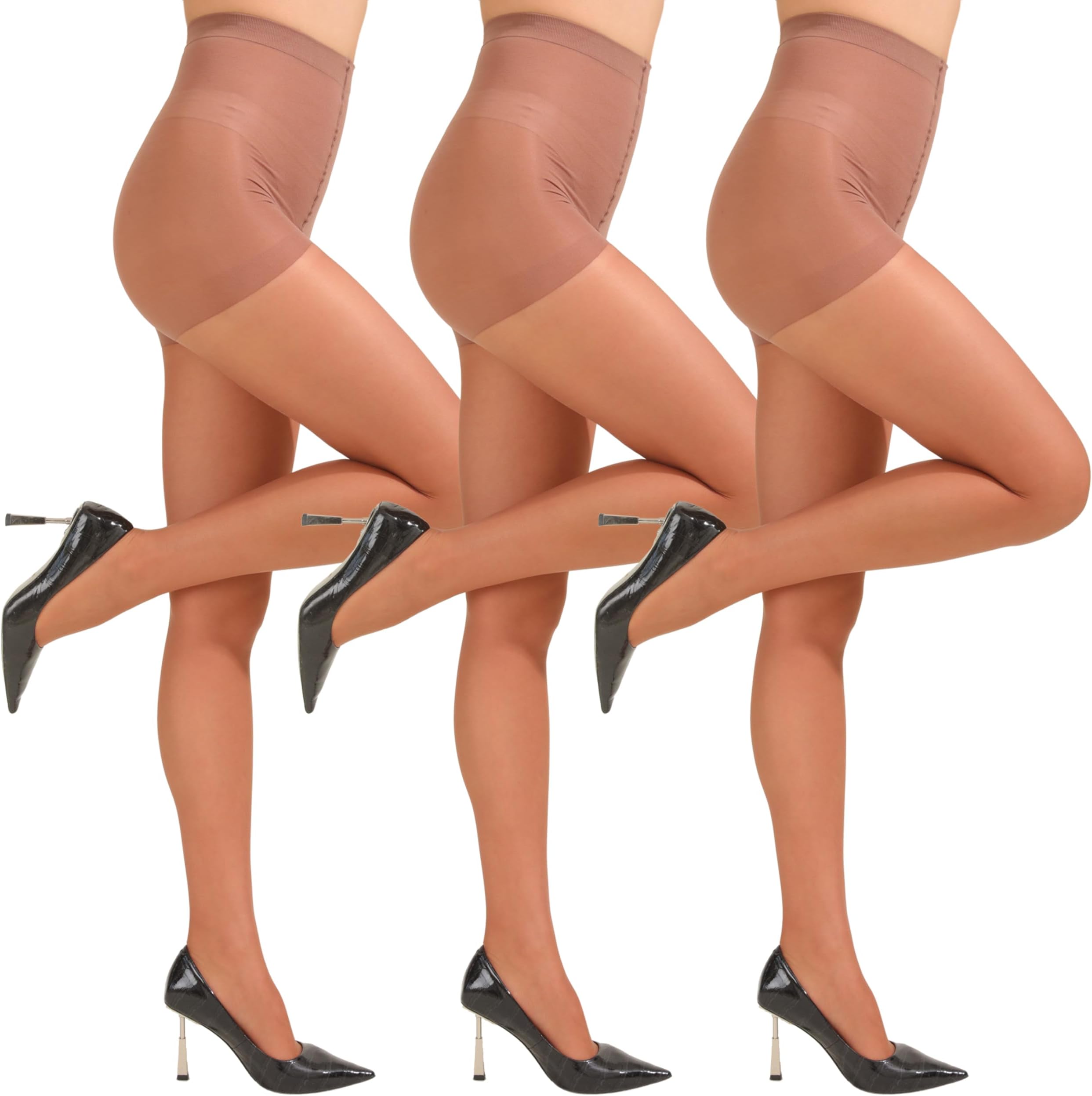 3 Pairs Women's 20D Pantyhose with Control Top and Reinforced Toes