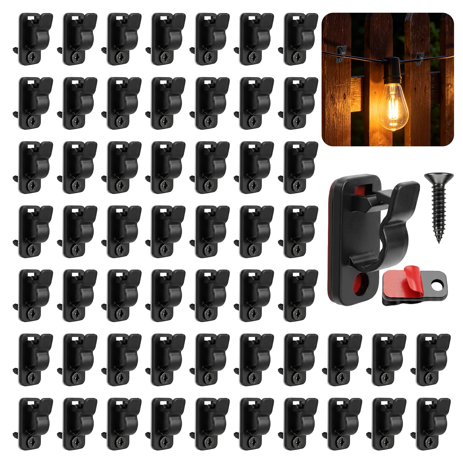 60pcs Outdoor Light Hooks, String Light Clips Screw- in Hooks with Self Adhesive Weatherproof Cable Hangers for Outdoor Fairy Lights Patio Wall Festive & Daily Decor (Black, with Adhesive)