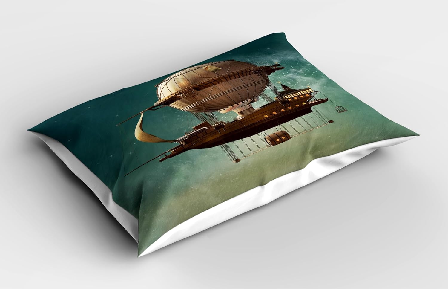 Ambesonne Fantasy Pillow Sham Set of 2, Surreal Sky Scenery Steampunk Airship Sci Fi Stardust Space Image, Quality Microfiber Bedding Item for All Seasons, 36" x 20", Teal Brown