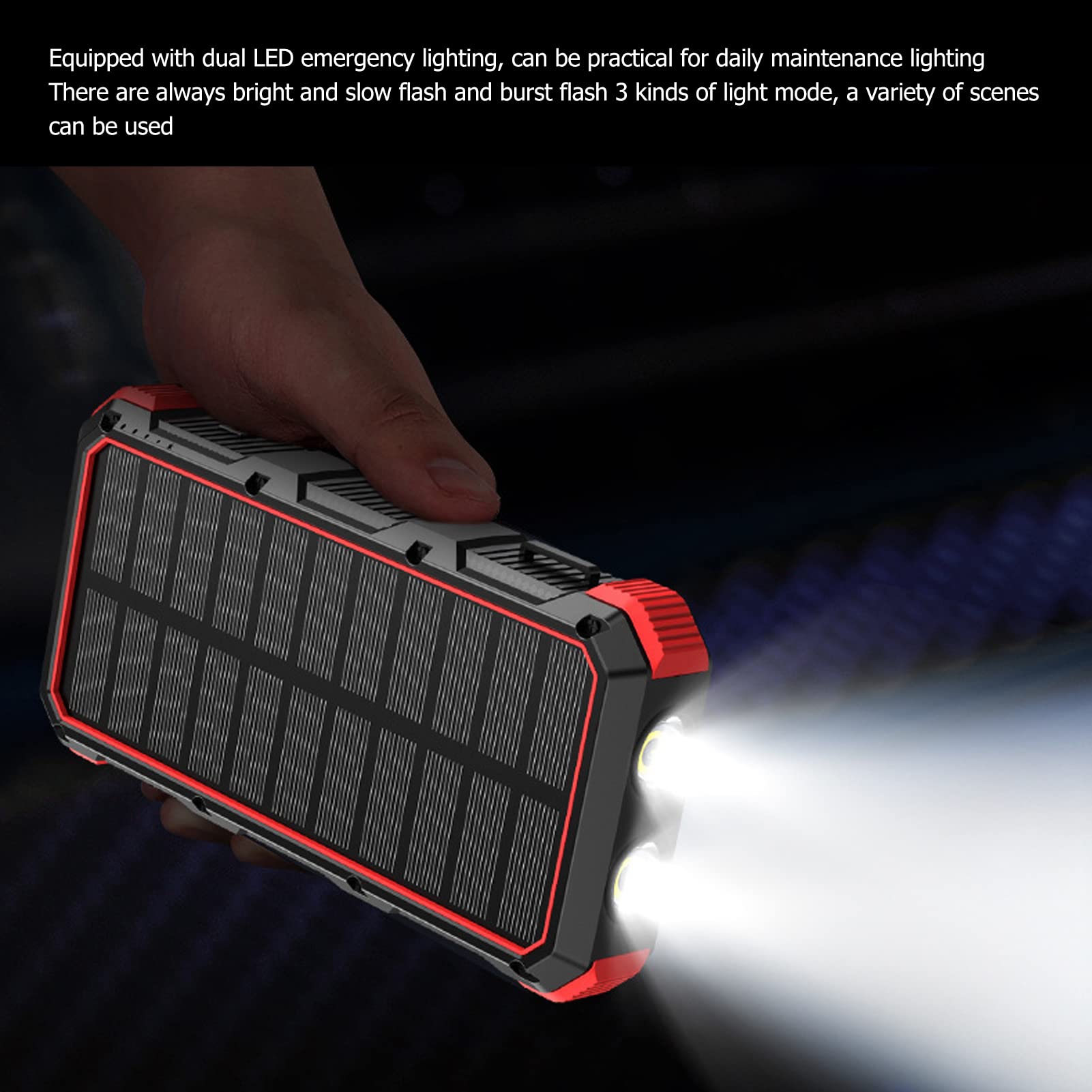 Wakects Banque d'énergie Solaire, Chargeur Solaire Portable ABS 36800 MAh 5 V 3 A avec 3 Sorties USB, Charge sans Fil et Double Lumière LED pour Camping, Voyage, Utilisation en Extérieur (Rouge)