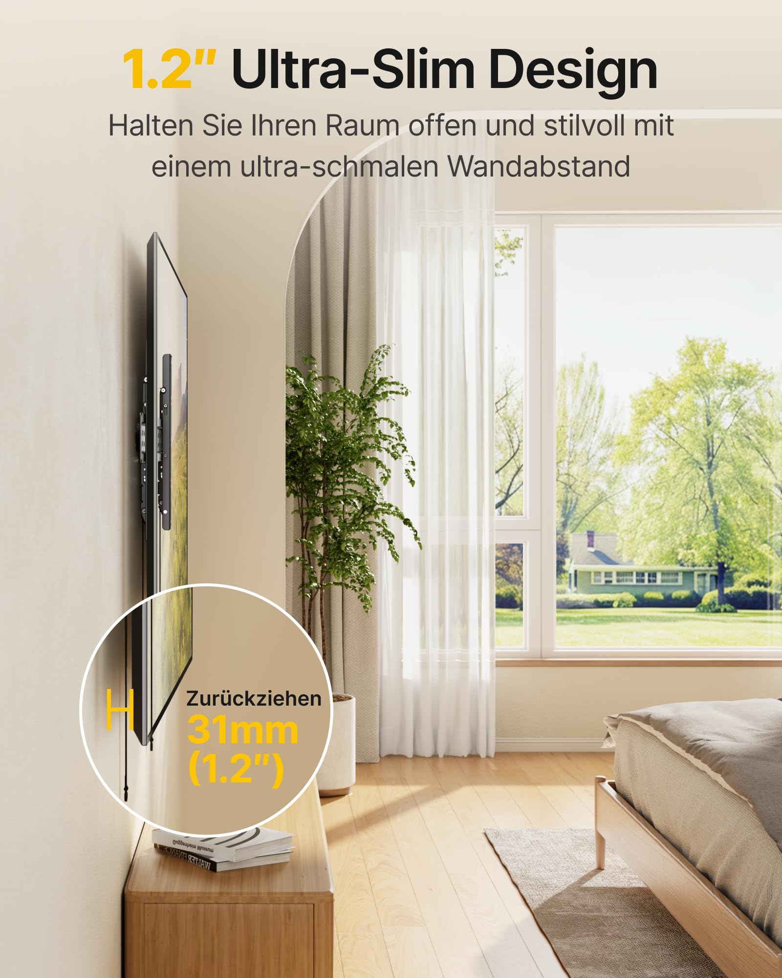 monTEK TV Wandhalterung Ultra Slim für 43–95 Zoll Fernseher | Neigbar, Schwerlast bis 68 kg, Mit Zugband, Max. VESA 800x400 mm, Einfach Anzubringen und Abzunehmen