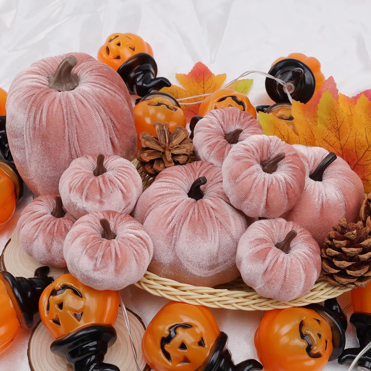 9Pcs Pink Faux Assorted Velvet Pumpkins Decorations Artificial Fabric Pumpkin Foam Fall Wedding Halloween Home Decor Thanksgiving Farmhouse