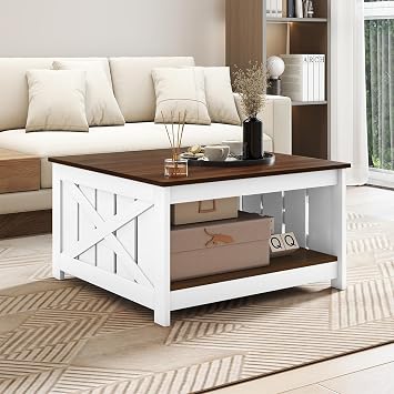 GOFLAME Farmhouse Coffee Table, 31 Square Center Table with Open Storage Shelf, Modern X-Shaped Barn Fence Design, 2-Tier Wood Tea Tables for Living Room, Lounge, Apartment, Walnut & White