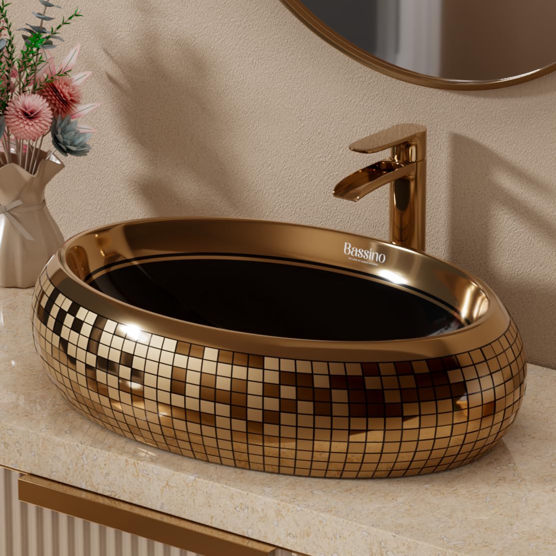 BASSINO Table Top Wash Basin - White & Rose Gold -22