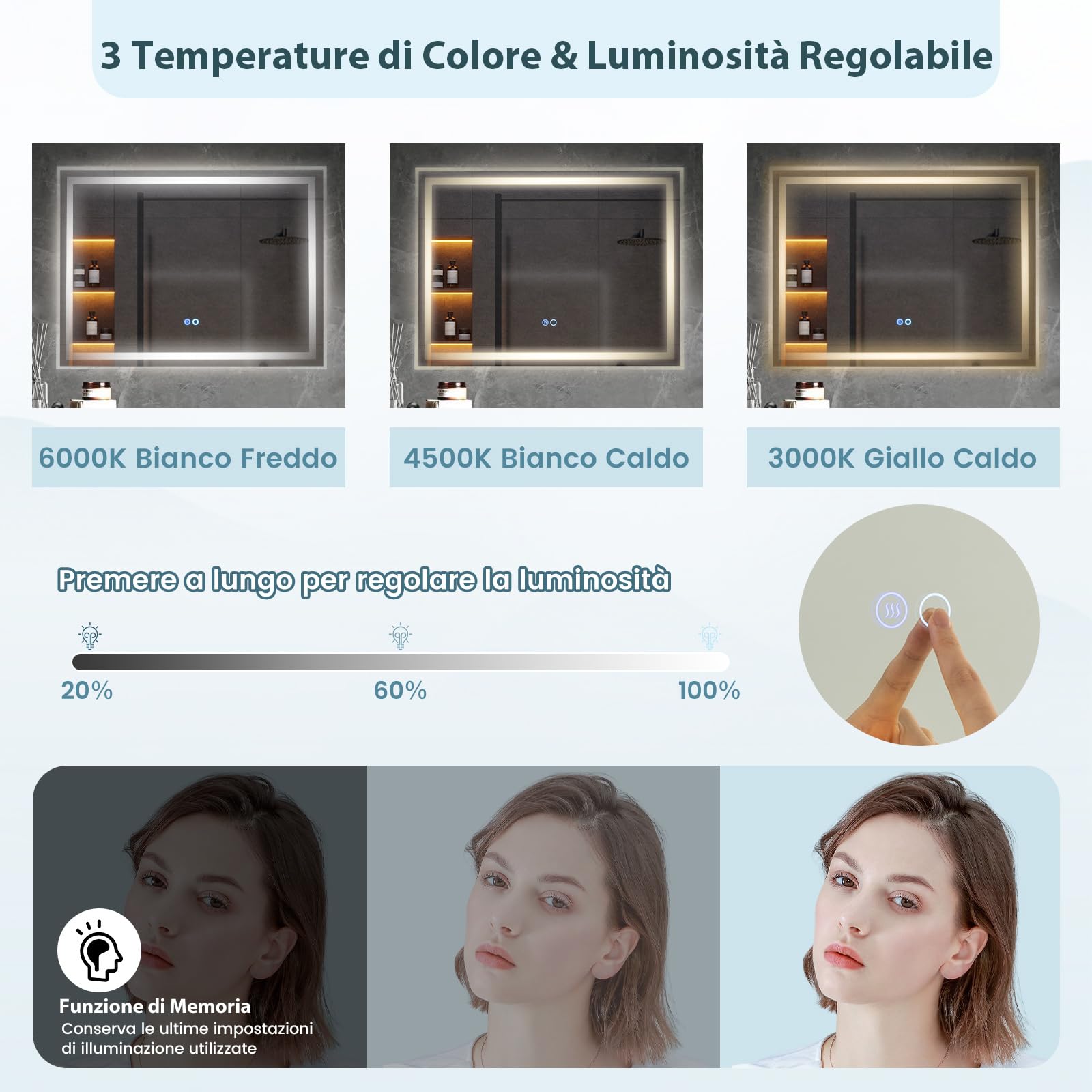 COSTWAY Specchio Bagno Rettangolare con Luce a 3 Colori 80 x 60 cm