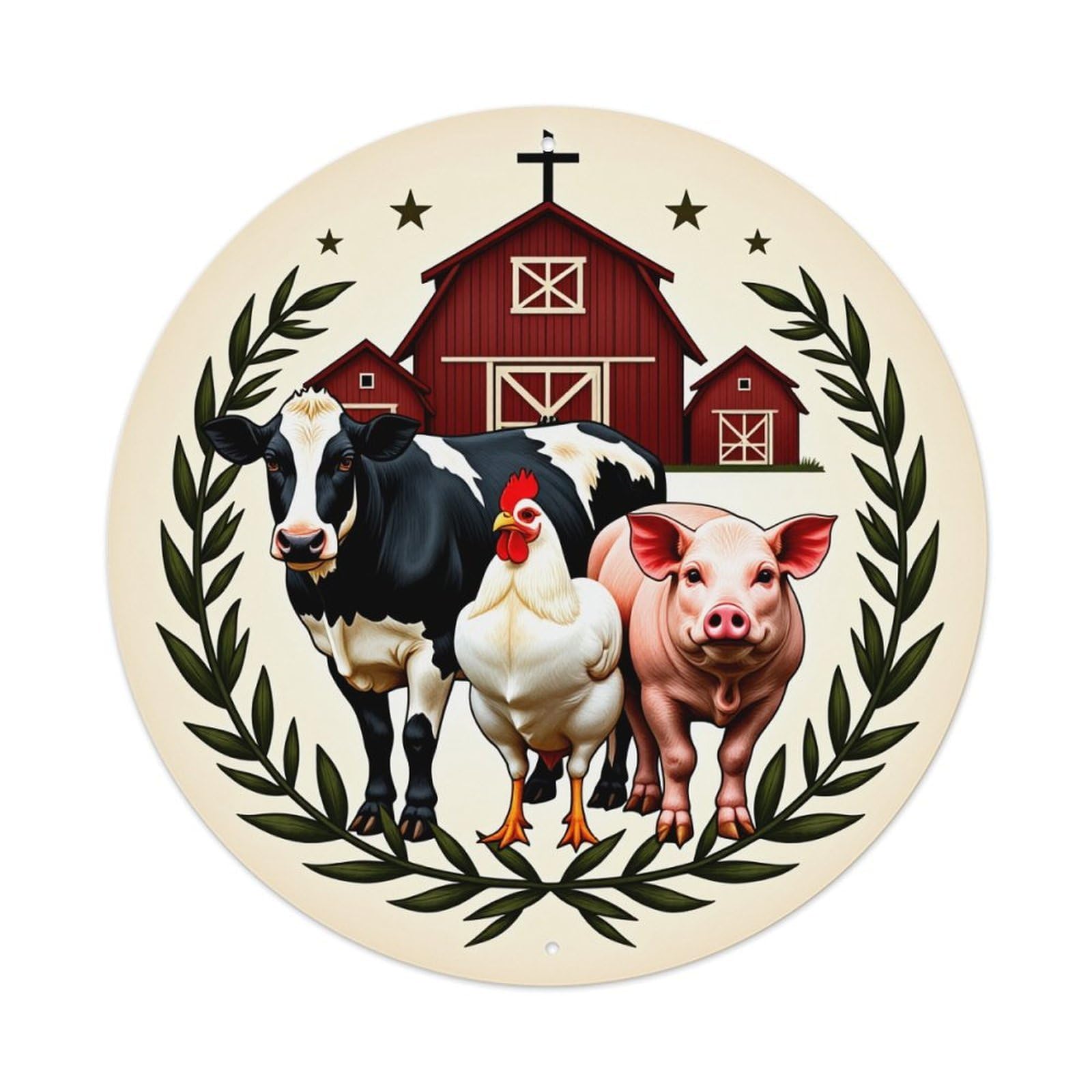 Farm Animals Barn Scene Laurel Wreath Round Tin Sign Vintage Metal Poster, Home Bar Garage Man Cave Cafe Indoor & Outdoor Wall Decoration 8x8Inches