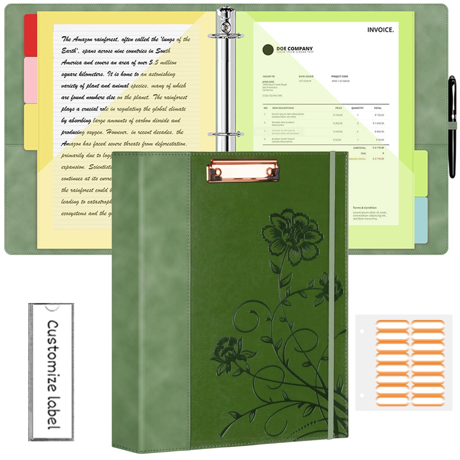 3 Ring Binder 1 Inch, Leather Binders with Clipboards, KLLVE Three Ring Binder with 10 Pocket Divider(Green, Letter Size)