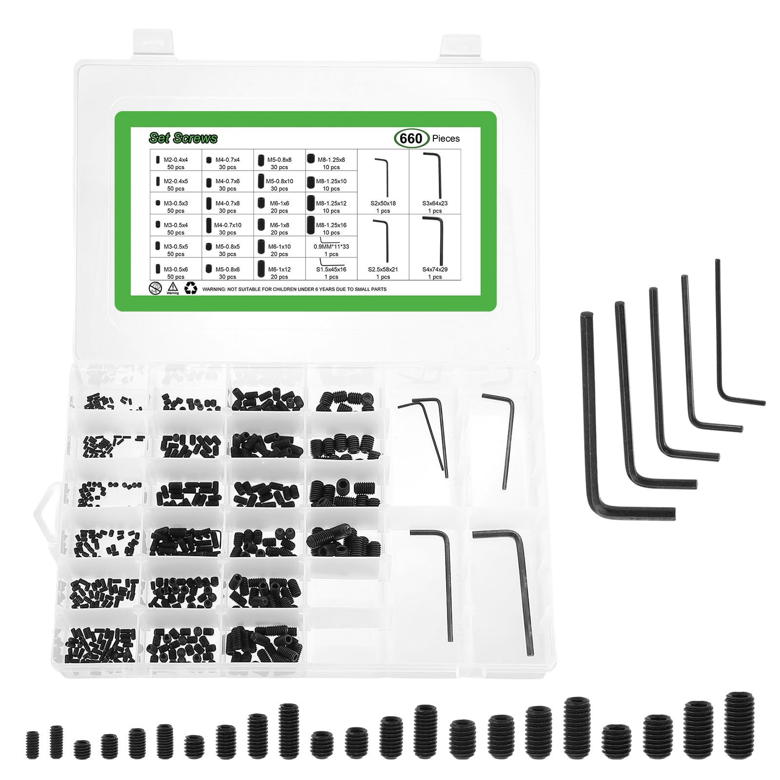 uxcell Set di viti senza testa a bussola, 660 pezzi, M2/M3/M4/M5/M6/M8 metriche, in acciaio al carbonio, viti a brugola a testa cilindrica con chiavi esagonali