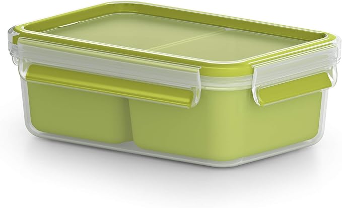 EMSA Clip & Go Lunchbox, 1 L, Brotdose mit 2 Einsätzen, 100 Prozent dicht, mit Frischedichtung, Transparent, Hellgrün, Made in Germany, 518101