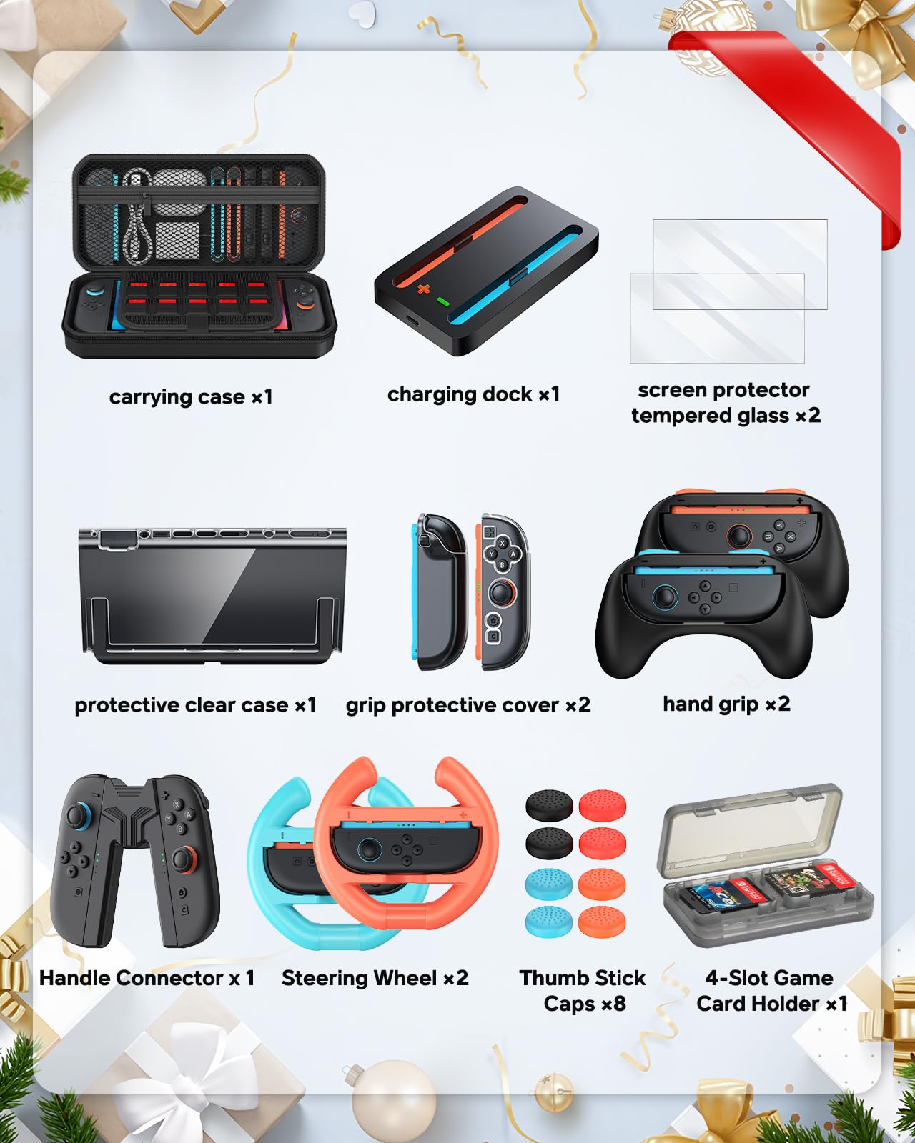Switch 2 Zubehör, Unverzichtbares Zubehörpaket, 20-IN-1-Spieleset Bundle,Reisetasche,Switch 2 Controller Ladestation,Displayschutzfolie,Schutzhülle,Lenkräder,Griffe für Joy Con 2 (Schwarz)