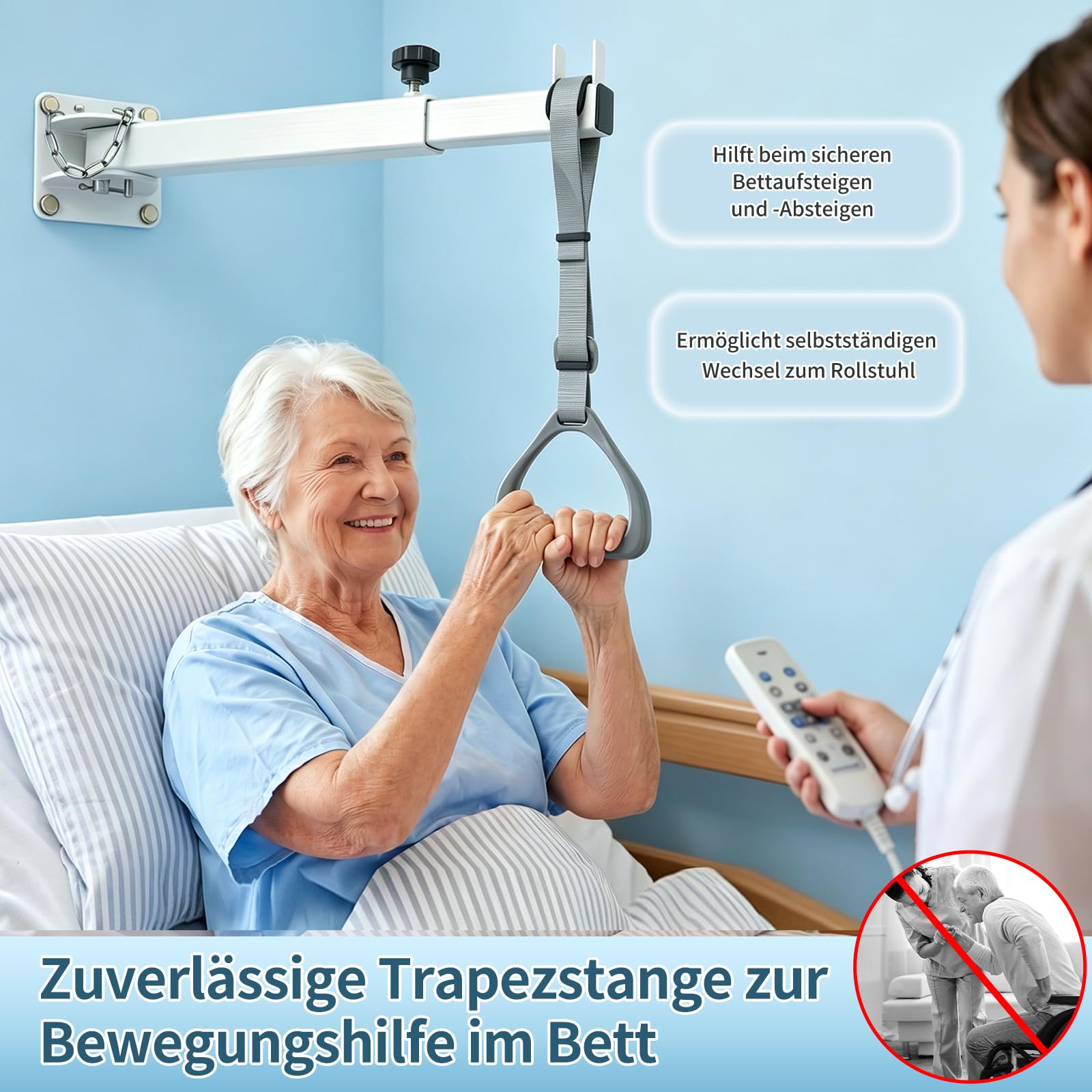 Bettgalgen für ältere Menschen, Galgen für Bett Wandmontage, Stehhilfe Bett zum Aufsetzen und Aufstehen, komfortabler & breiter Triangelgriff, höhenverstellbar & tiefenverstellbar, Tragkraft 100 kg