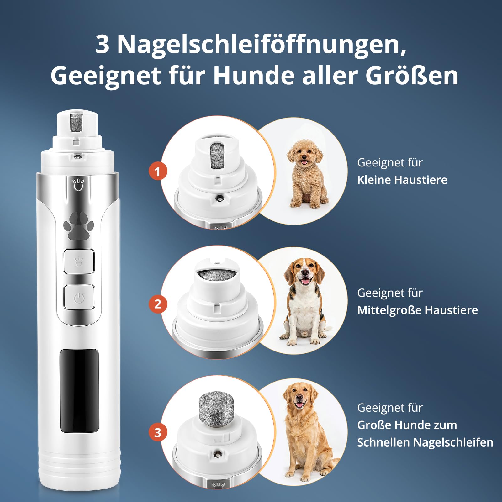 Krallenschleifer für Hunde, 5-Gang Krallenschleifer für Haustiere Mit LED-Leuchten,Elektrische Krallenschere mit Leistungsanzeige,Superleise,Wiederaufladbare für Haustiere wie Hunde,Katzen und Hamster