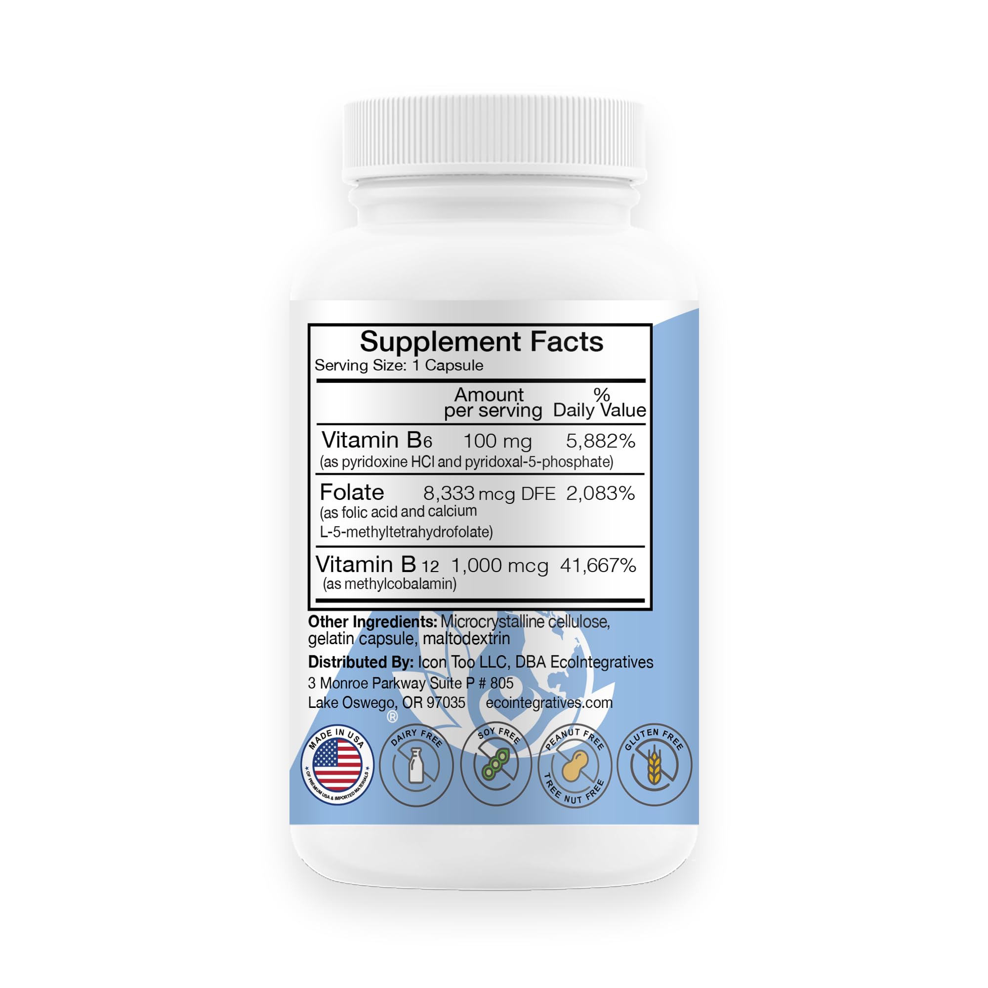Vitamin B6 Complex B9 Folate & Vitamin B12-100 Capsules — Amazon image 2