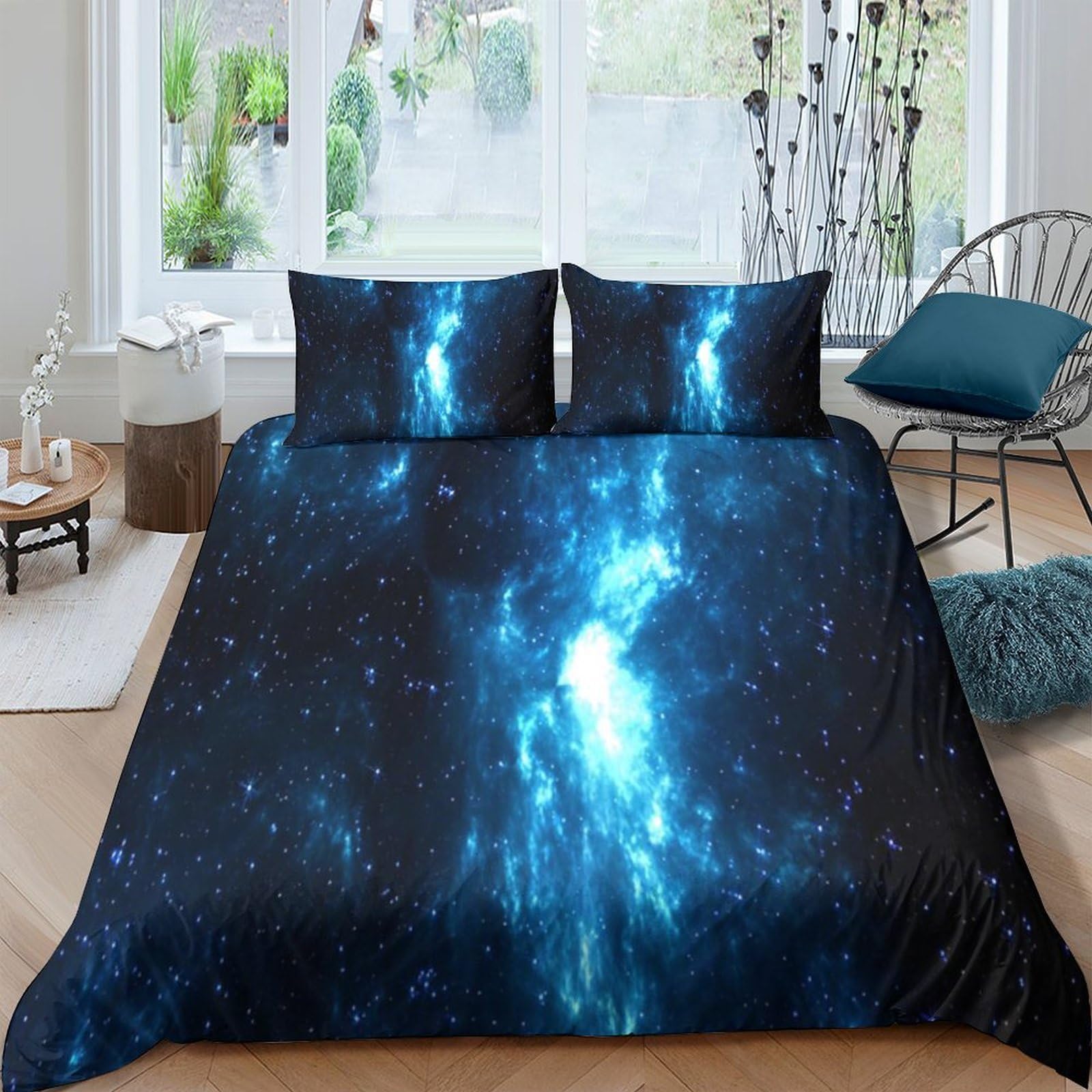 Ctjqhvkz Style-7 3D Printed Galaxy Starry Sky Fitted Sheet Microfiber Blue Cosmic Nebula Mattress Cover Bedroom Decor Single（135X200cm）