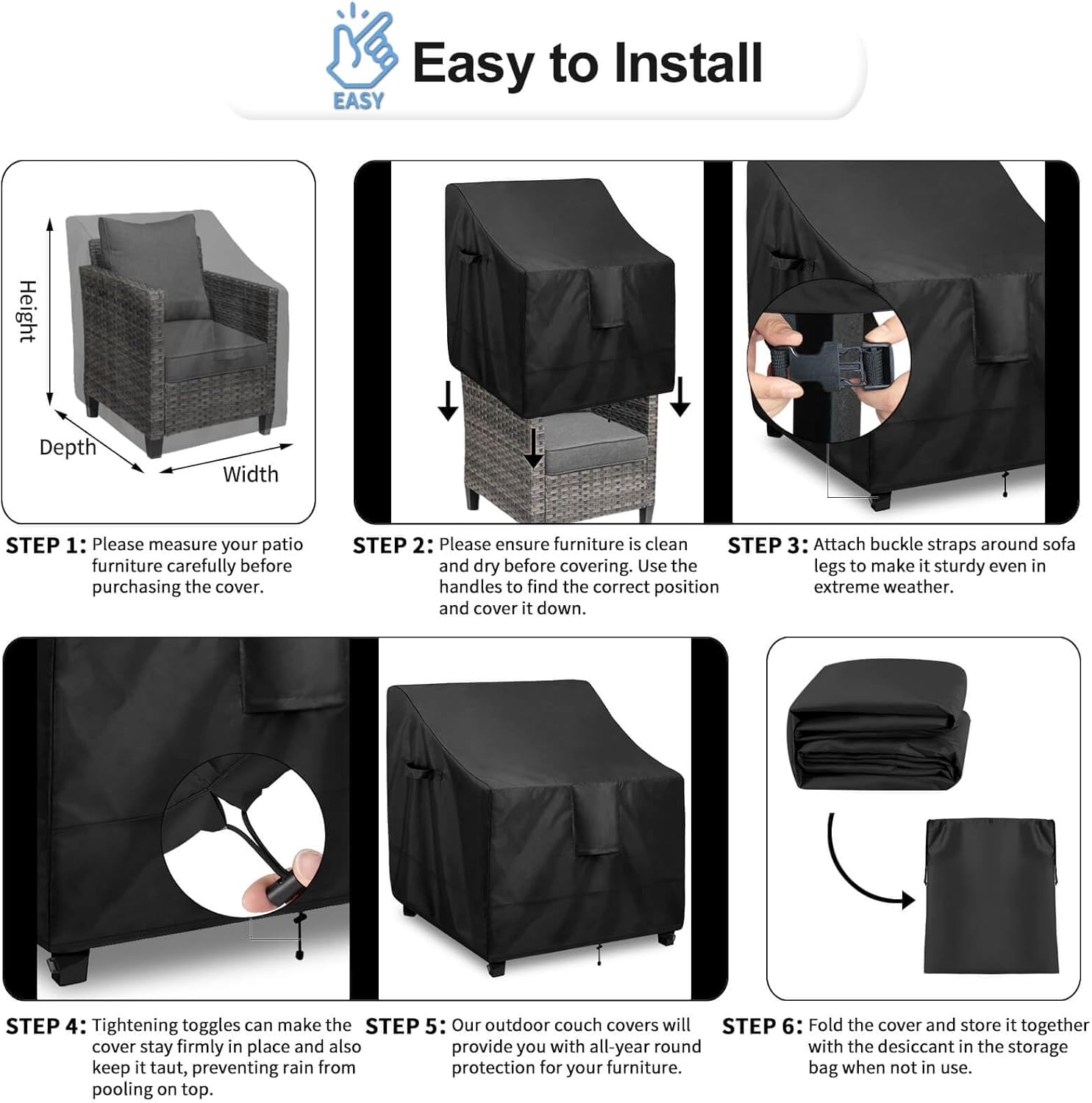 OutdoorLines Outdoor Waterproof Furniture Chair Cover - UV-Resistant Patio Lawn Chair Covers for Outdoor Furniture Windproof Heavy Duty Chair Covering, 2 Packs, 30Wx37Dx31H Inches, Black