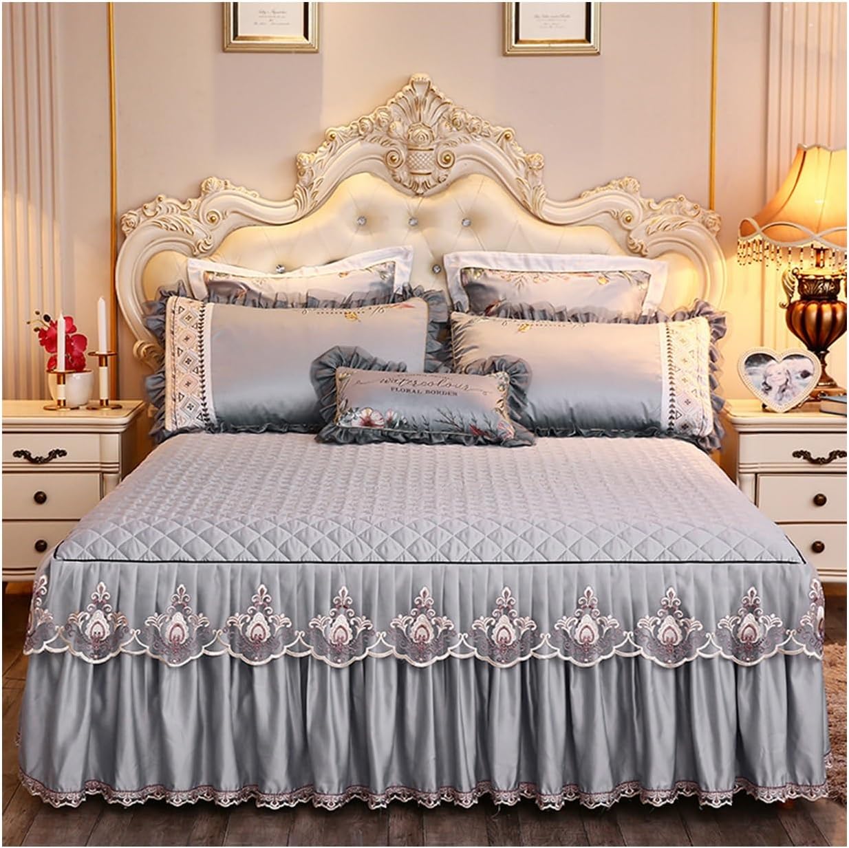Luxury Velvet Bed Skirts Full /King/Queen 3 Piece Quilted Mattress Protective Cover with 2 Pillow, Thick Cover Bed Skirt with Bedskirt, 18 Inches Deep Ruffle Drop Fitted Sheet Bedspread ( Color : #17