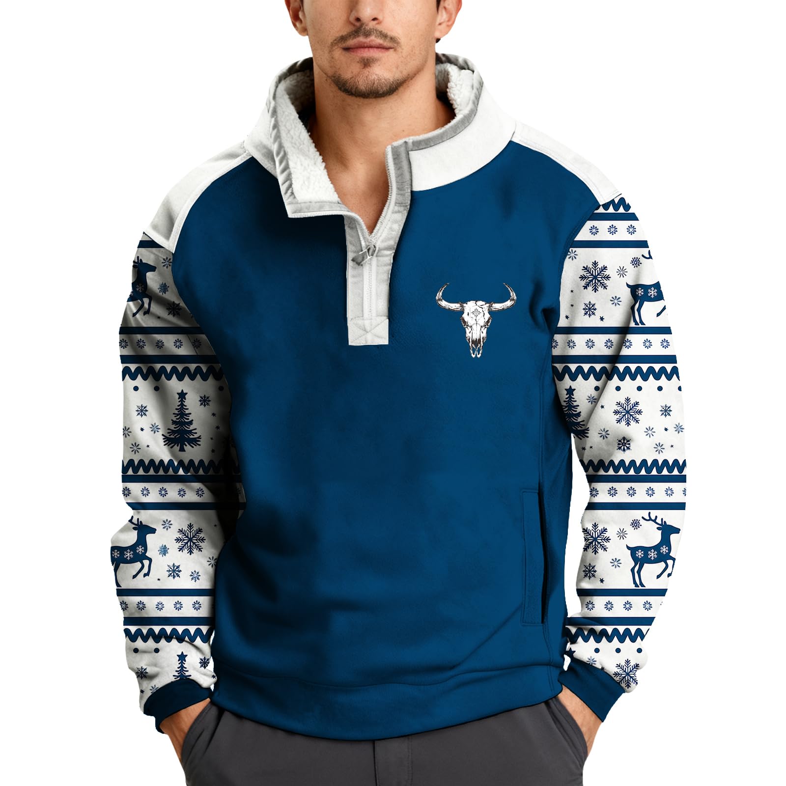 Mock Neck Christmas Sweater for Men Casual Long Sleeve 1/4 Zip Pullover Sweatshirt Fleece…