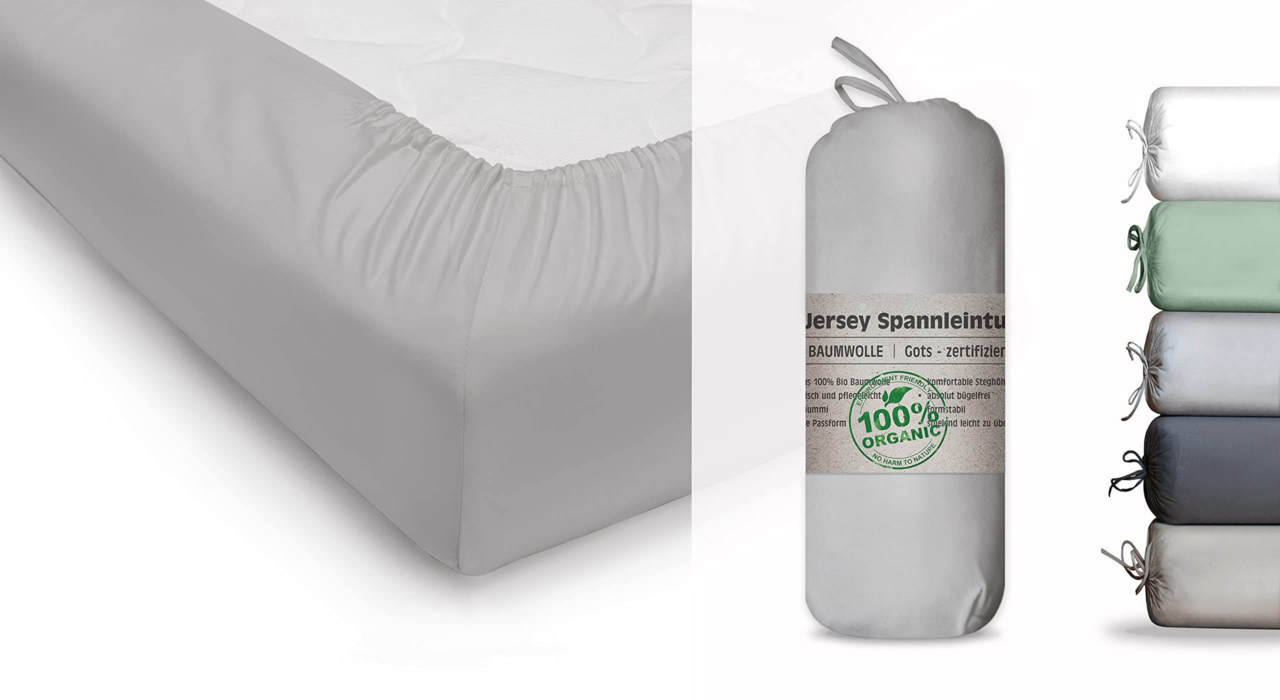 BLUE MOON Organic cotton jersey fitted sheet GOTS-certified Ökotex Made in Green (stone, 180-200x200cm)
