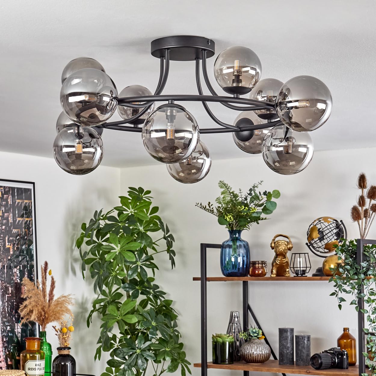 Plafonnier HOFSTEIN Chehalis, plafonnier à 12 ampoules en métal/verre noir/couleur fumée, luminaire au design rétro/vintage (abat-jour Ø 10,12 cm), G9, salle à manger, salon, cuisine, couloir, bureau