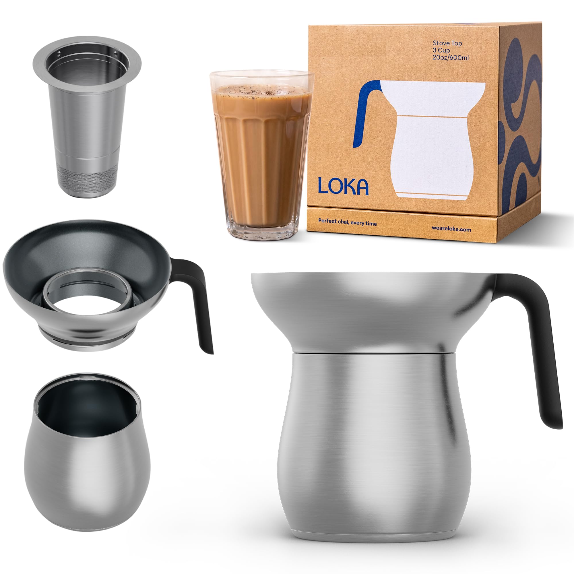 LOKA Chai Maker 20oz (2-3 Cups) - Authentic Masala, Latte & Loose Leaf Kettle - Universal Stovetop Pot for Induction, Gas & Electric Stove - Non-Stick Indian Ceramic Set - Stainless Steel Strainer