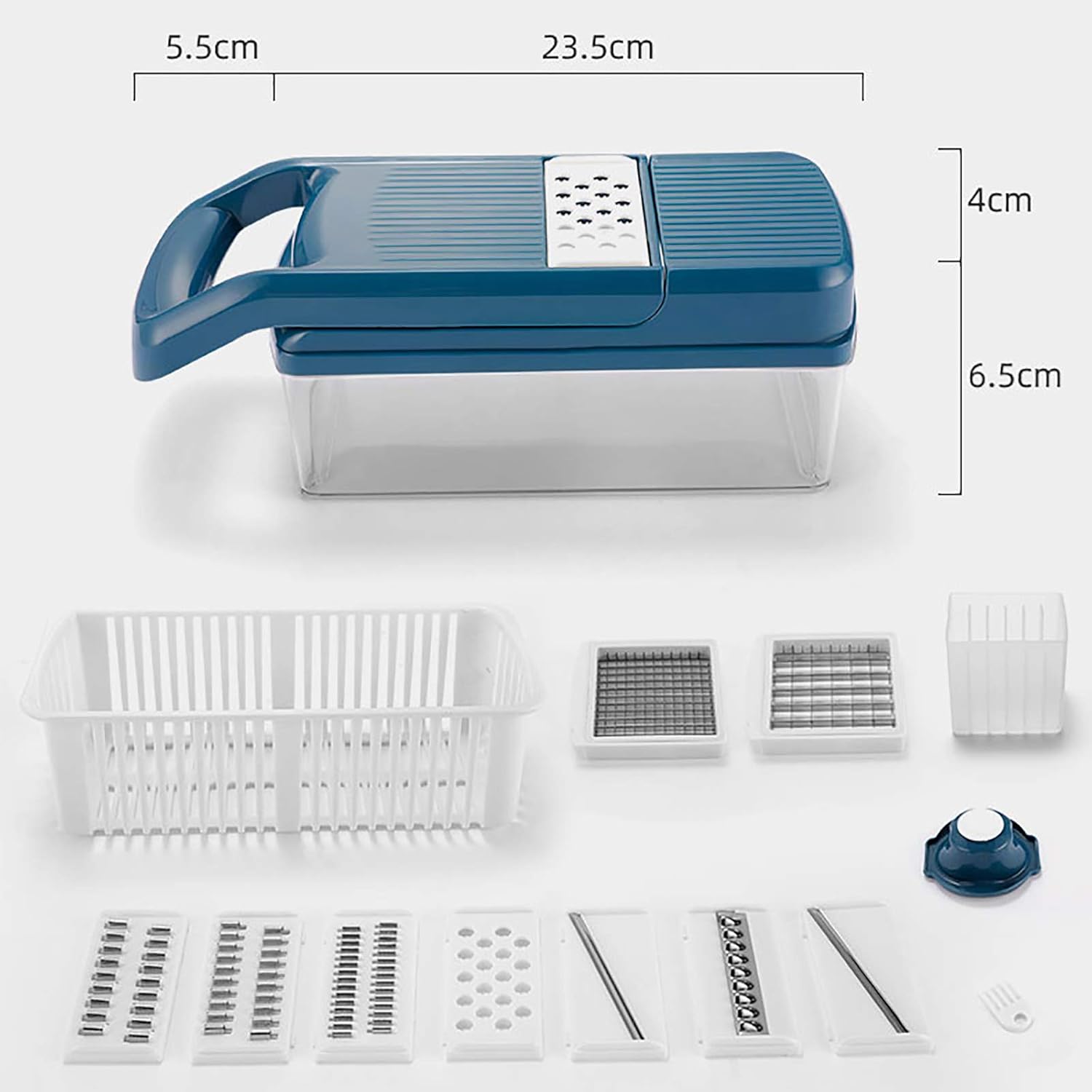 Vegetable Chopper with Container Mandolin Slicer Onion Chopper Cutter Food Chopper with Clean Brush and Hand Guard Manual Vegetable Spiralizer for Tomato Potato Salad Blue 23.5 x 10.5 cm