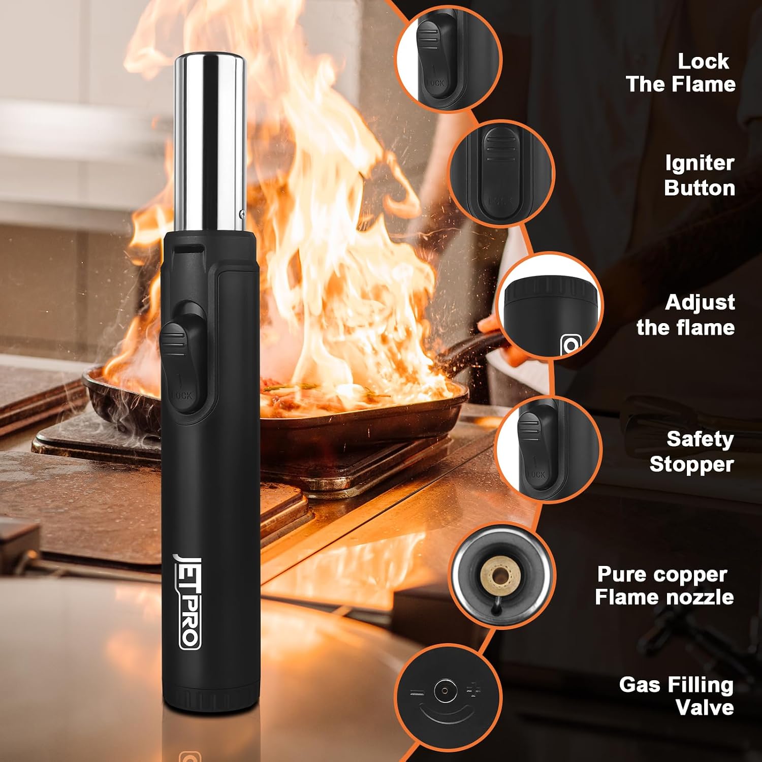 Pen-Style Butane Torch, Refillable Mini Blow Torch with Safety Lock & Adjustable Flame for Cooking, Camping and DIY (Gas Not Included) Black