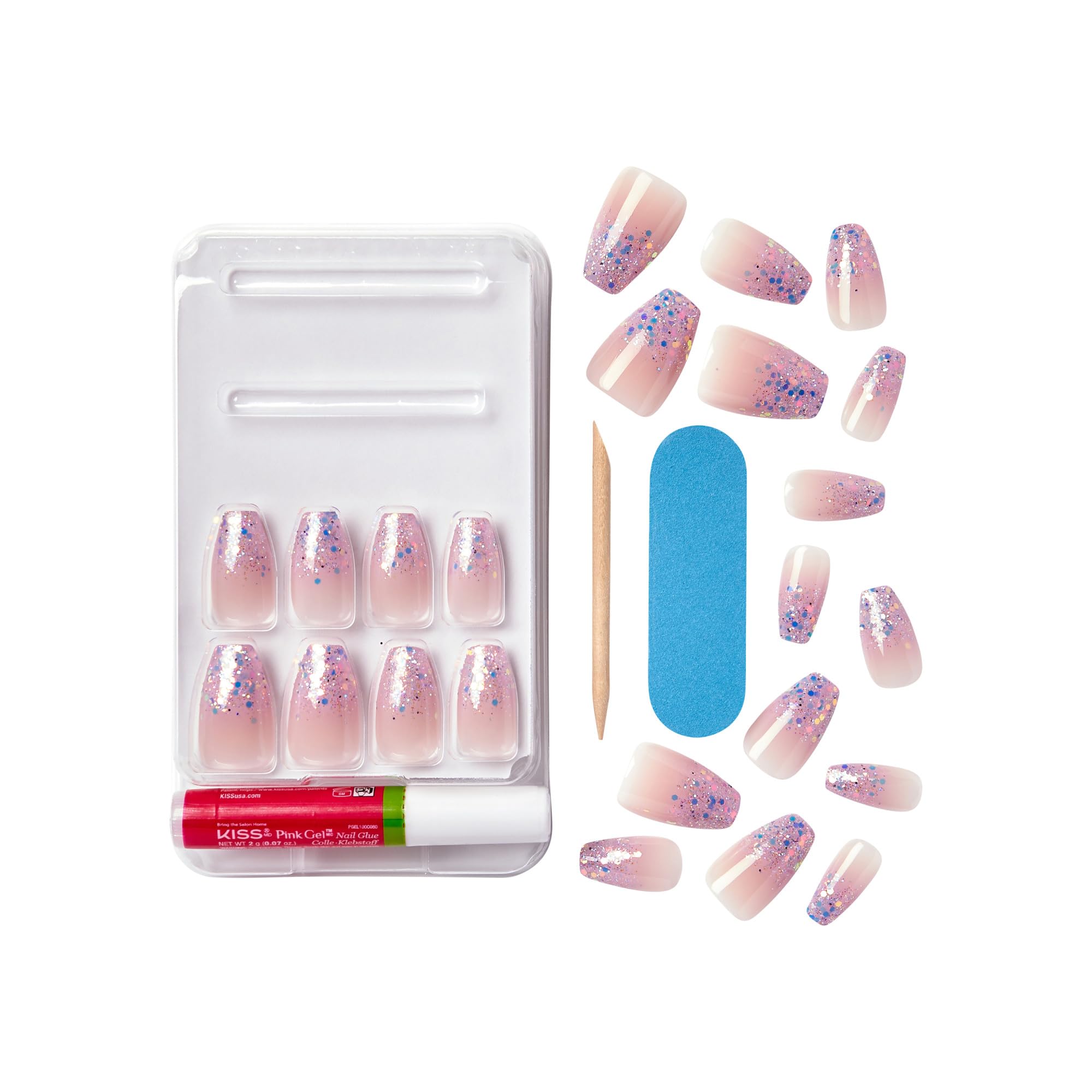 KISS sztuczne paznokcie Gel Fantasy "Winter Sparks", brokatowy french, Średni Coffin – 28 sztucznych paznokci w jakości salonowej do naklejania DIY, 2 g klej, 1 patyczek do manicure, 1 mini pilnik