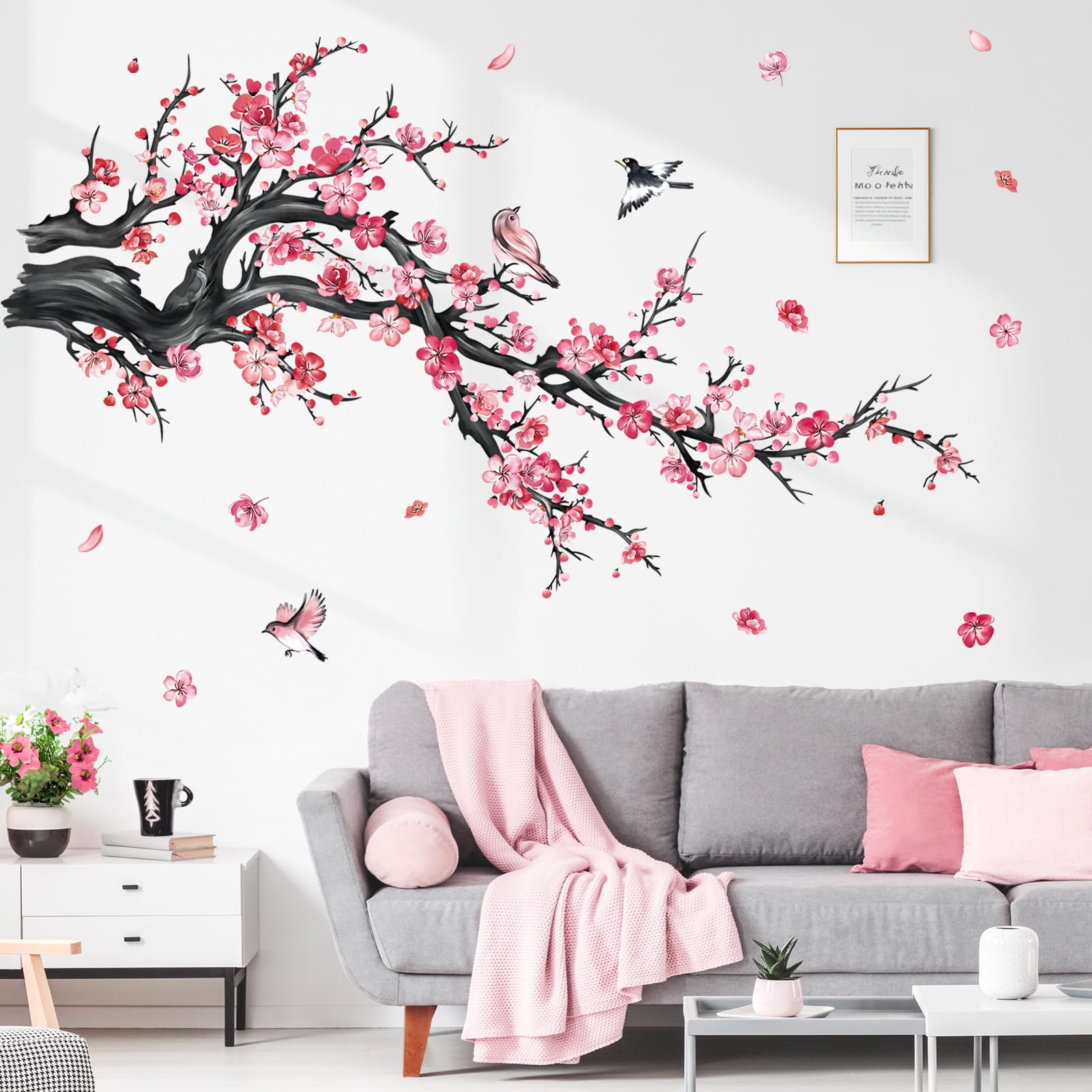 decalmile Pink Flower Branch Wall Decals Watercolor Blossom Floral Tree Branches Wall Stickers Living Room Bedroom Sofa TV Background Wall Decor - Image 4