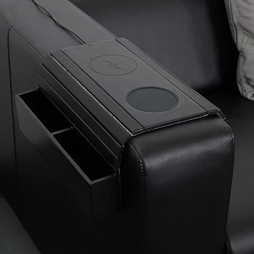 Colección PJ Bandeja de bambú para reposabrazos de sofá con carga inalámbrica y posavasos antideslizantes, plegable, cargador inalámbrico rápido de