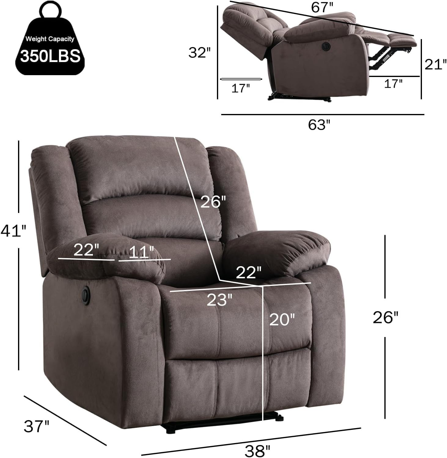 CANMOV Power Recliner Chair for Adults, Oversized Electric Recliner with Soft Cushion and Back, Upholstered Soft Fabric Reclining Chair for Living Room, Bedroom, Brown