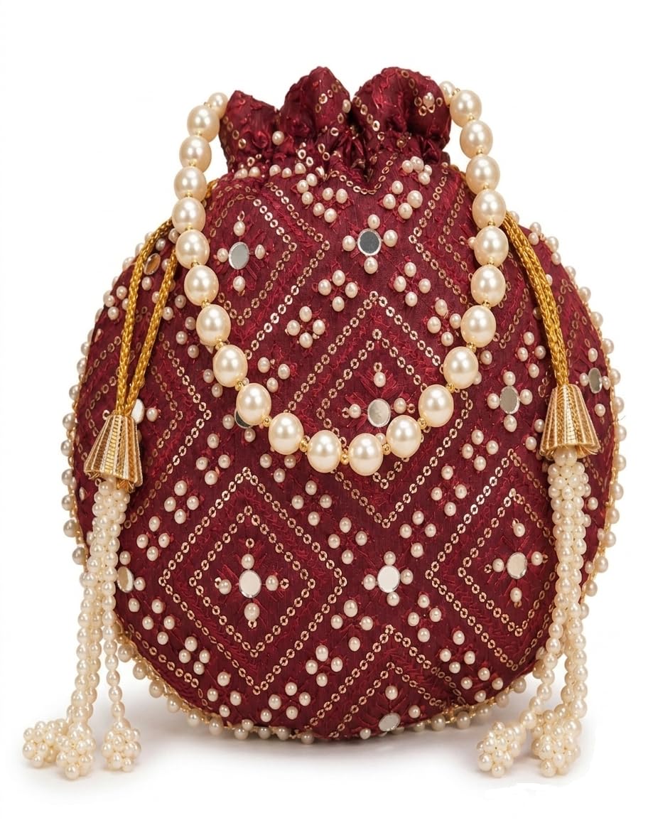 Potli Bag for Women Maroon color,mirror work, white beads brick design fabric Matka Design Round Ethnic Dress Accessory Handbag 10 inch X 9 inch-image-24