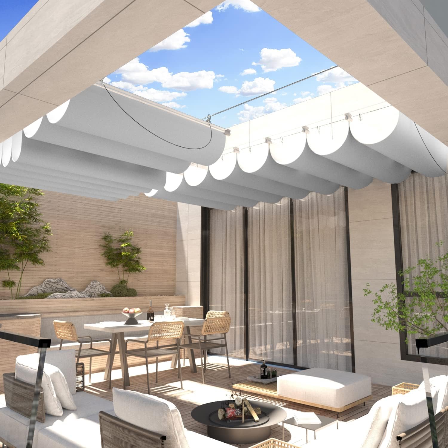 ECOOPTS 3'x16' Retractable Waterproof Wave Sun Shade Canopy Pergola Cover Shade Sail Awning for Outdoor Patio Porch Garden Deck Backyard (Light Grey)